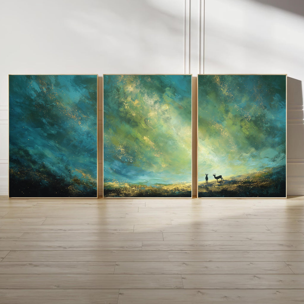 Deer Sunset Large Wall Art, Abstract Sky and Landscape Wall Art, Green and Gold Prints with Deer for Living Room or Bedroom