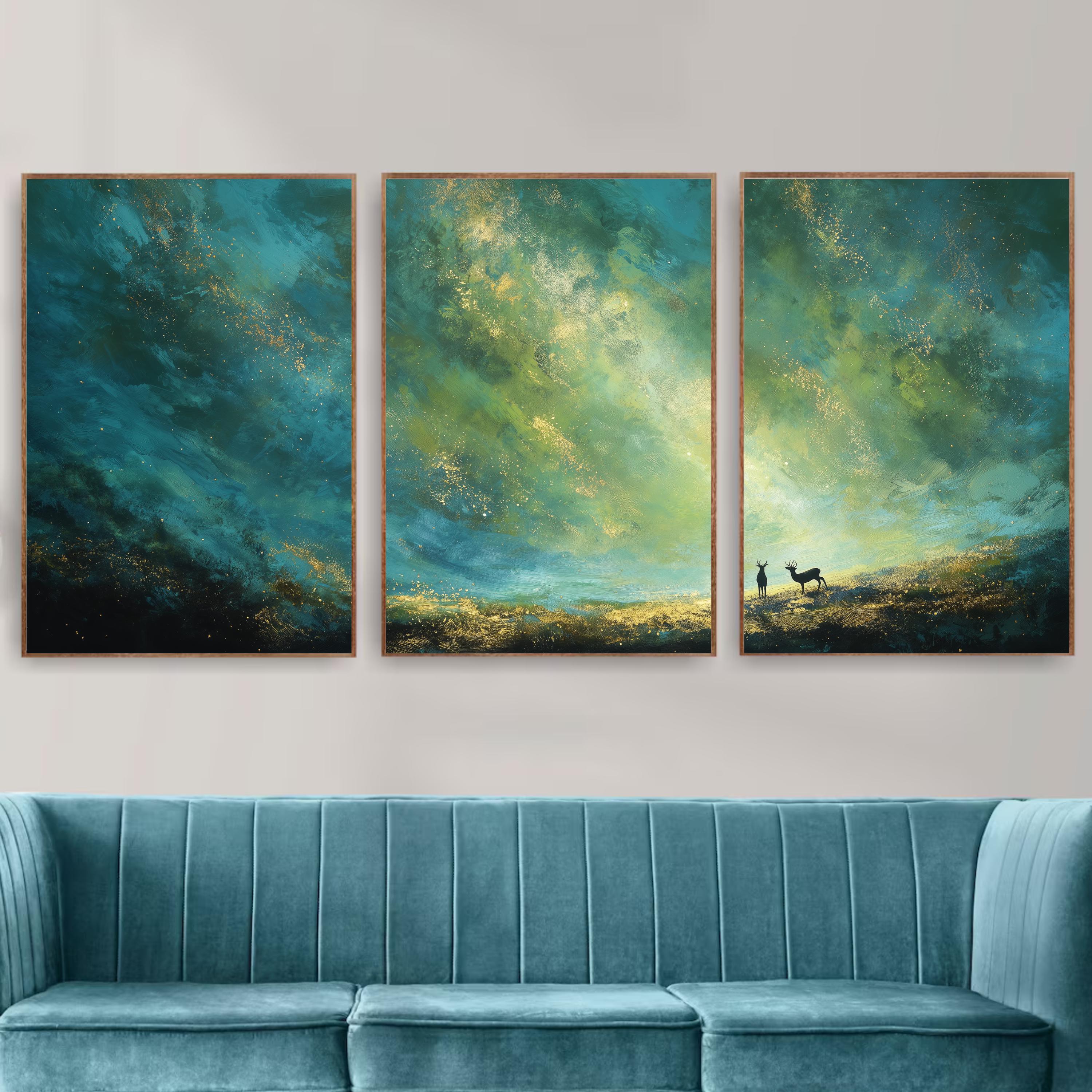 Deer Sunset Large Wall Art, Abstract Sky and Landscape Wall Art, Green and Gold Prints with Deer for Living Room or Bedroom