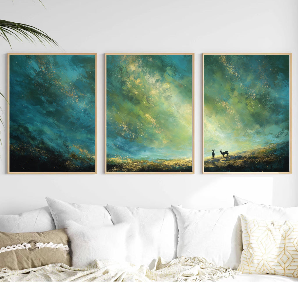 Deer Sunset Large Wall Art, Abstract Sky and Landscape Wall Art, Green and Gold Prints with Deer for Living Room or Bedroom
