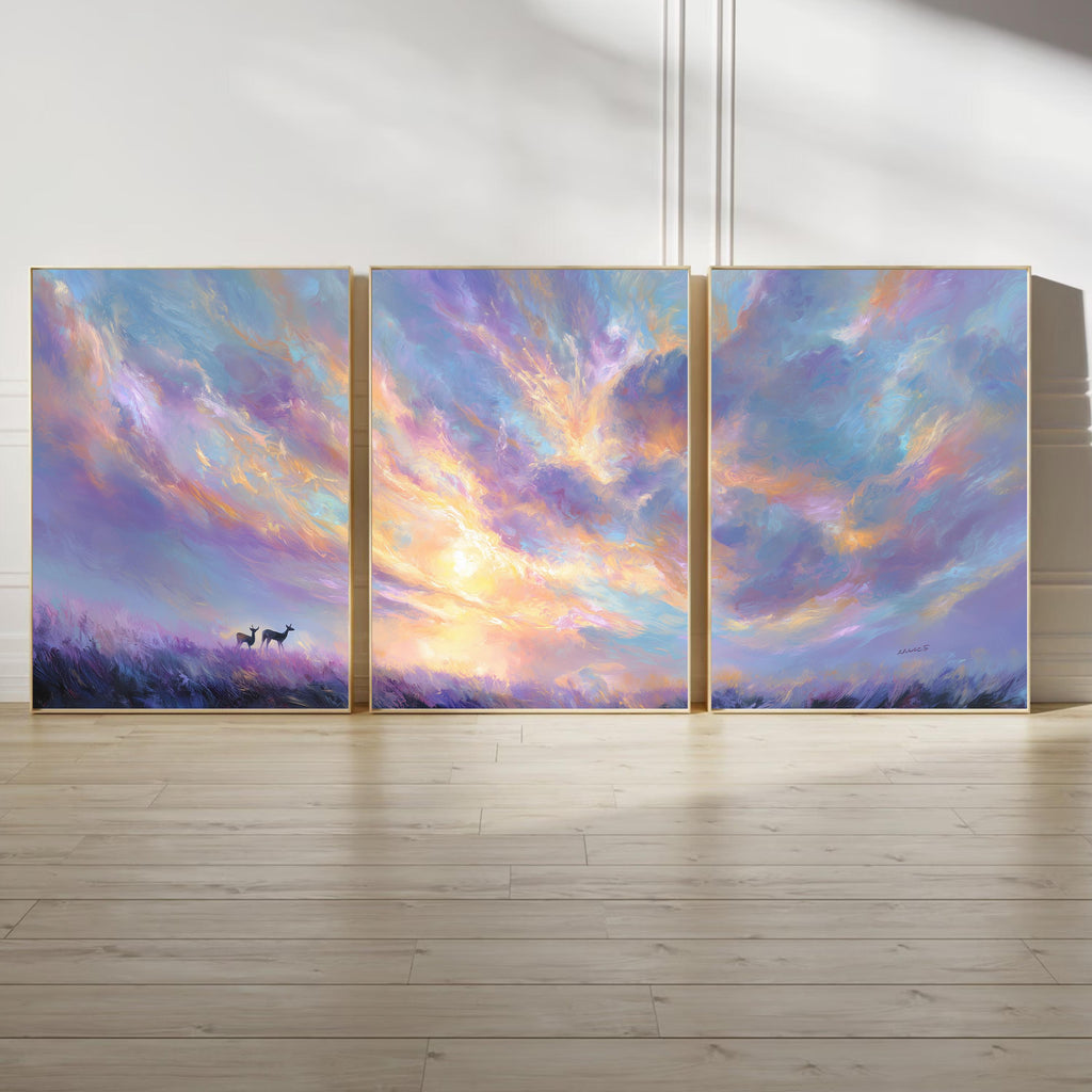 Purple Sunset Sky, Triptych Poster Set, Pastel Abstract Cloud Wall Art, Purple and Pink Landscape Prints with Deer for Bedroom Living Room