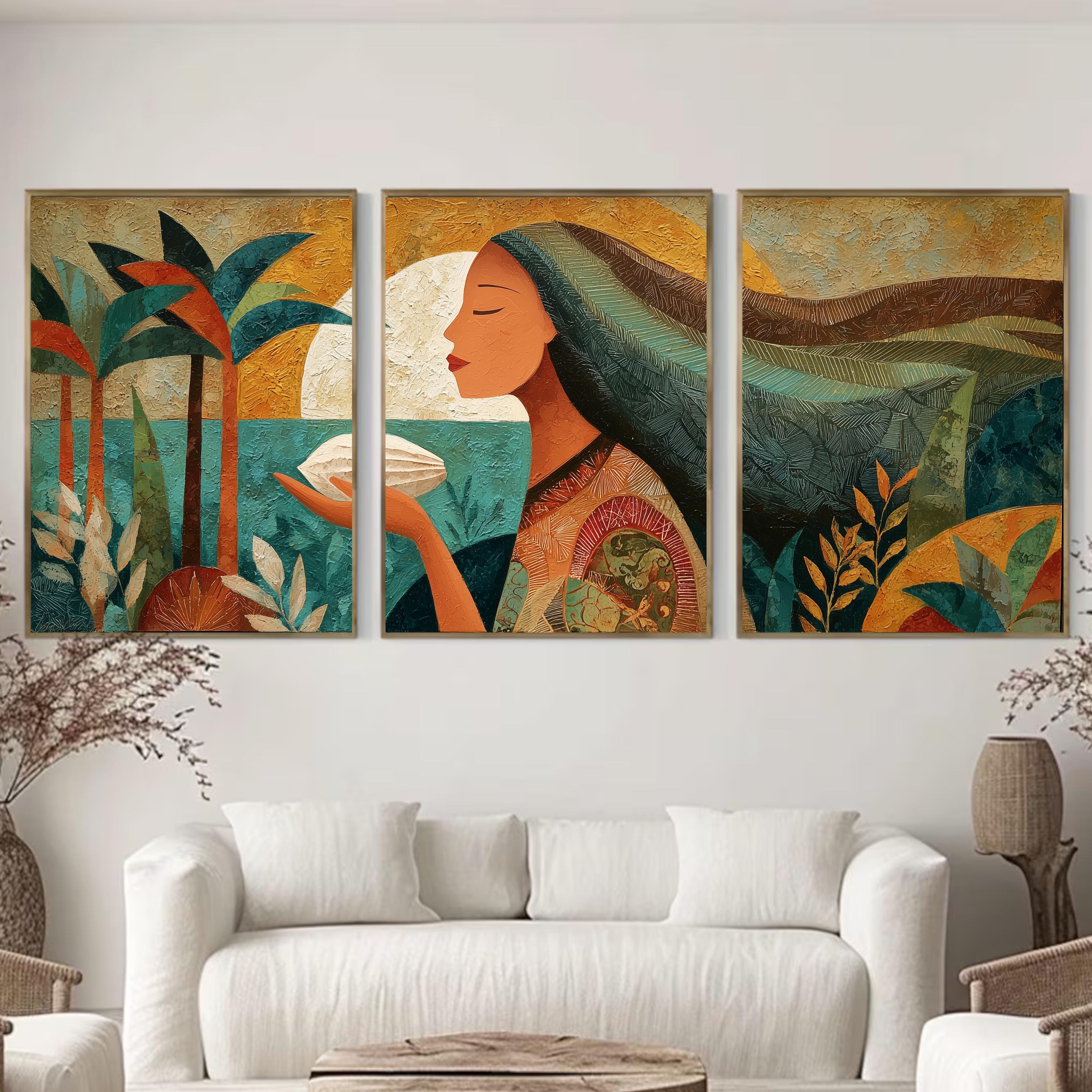 Tribal Inspired Triptych Poster Set, Woman with Ocean and Palm Trees Wall Art, Earth Tone Abstract Prints for Bohemian Home Decor