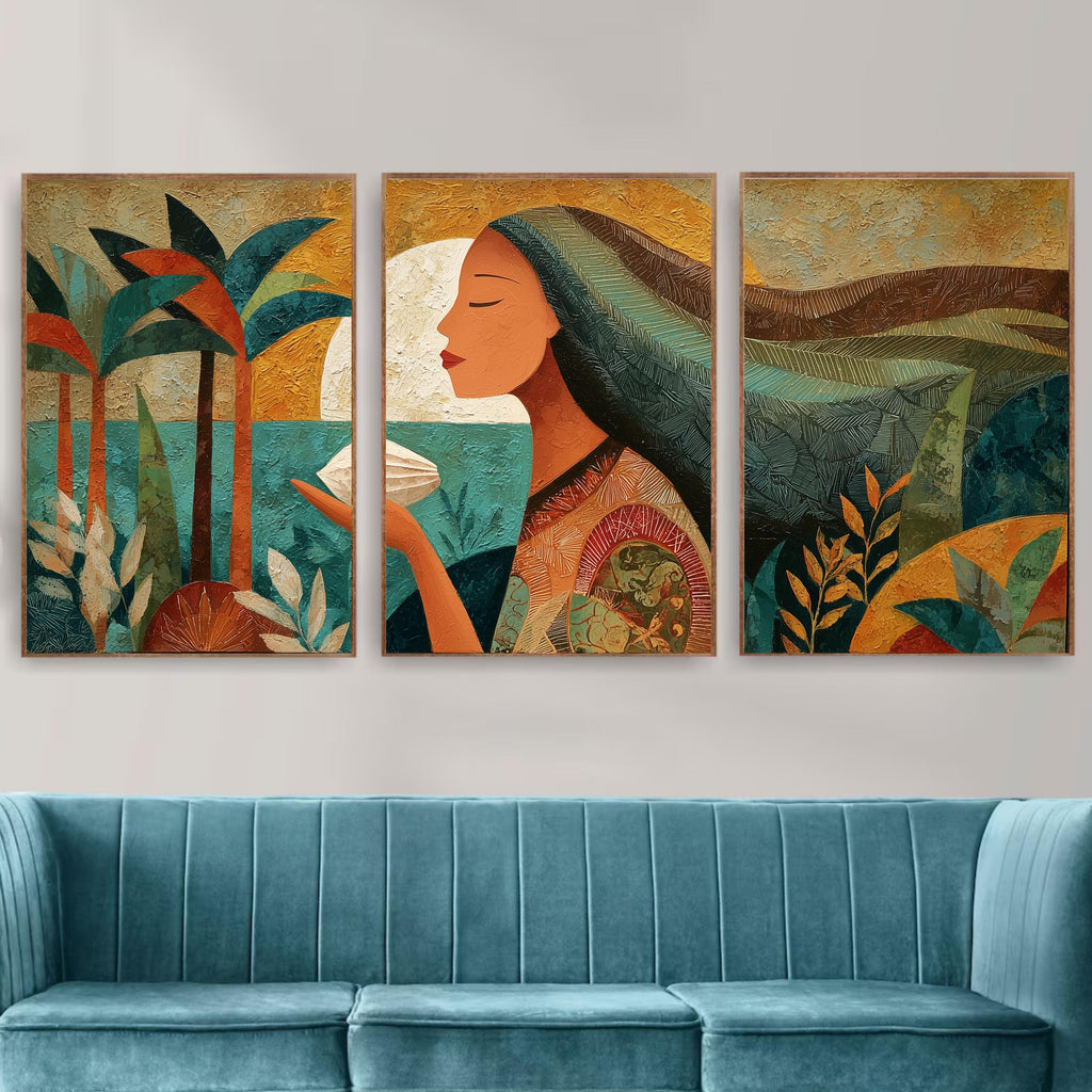 Tribal Inspired Triptych Poster Set, Woman with Ocean and Palm Trees Wall Art, Earth Tone Abstract Prints for Bohemian Home Decor