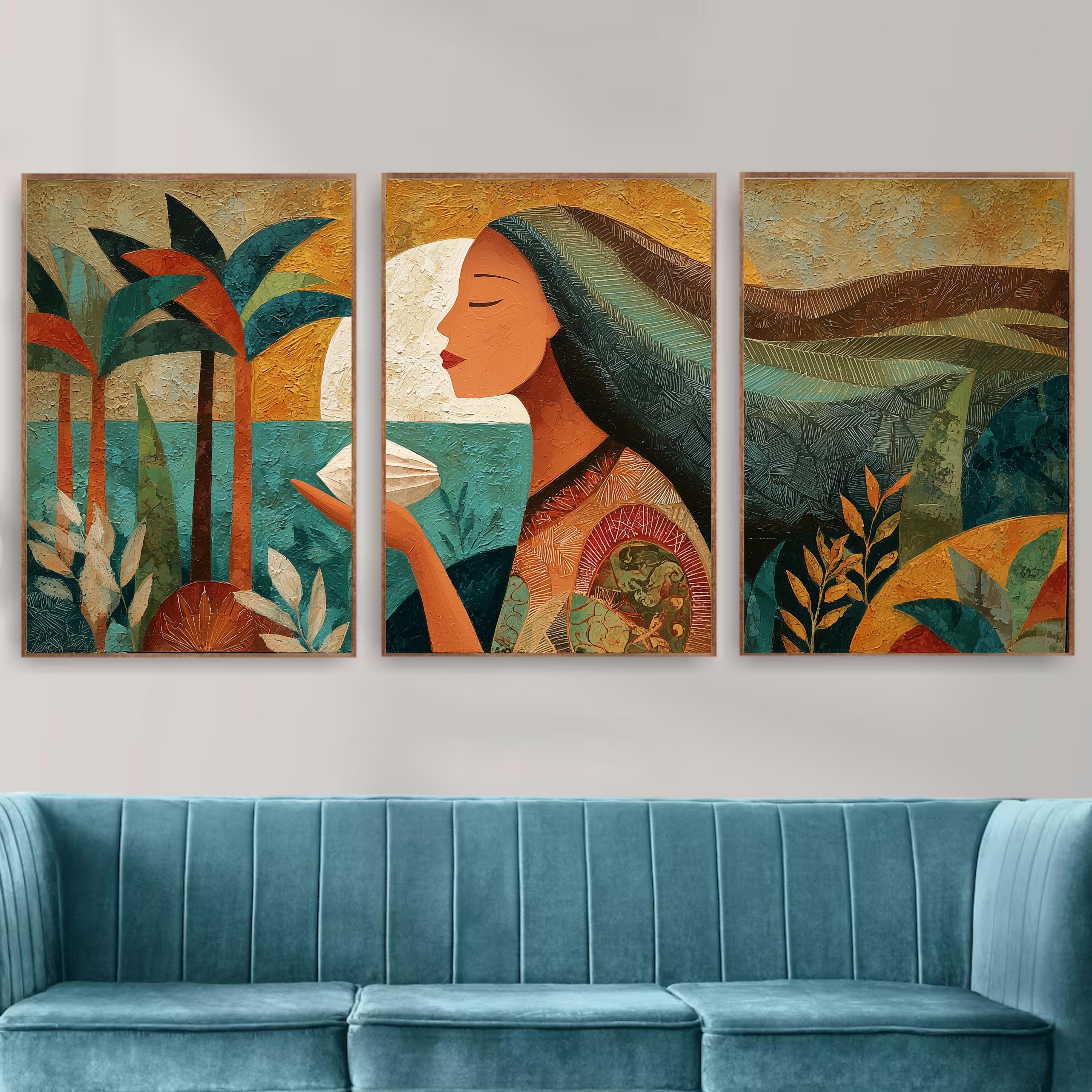 Tribal Inspired Triptych Poster Set, Woman with Ocean and Palm Trees Wall Art, Earth Tone Abstract Prints for Bohemian Home Decor