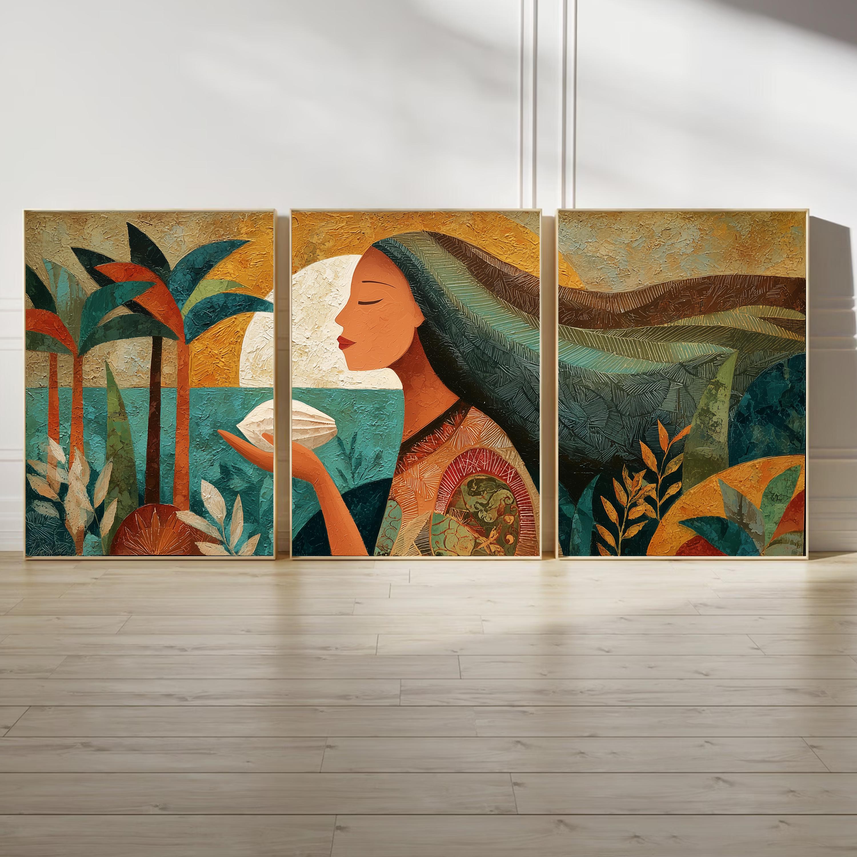 Tribal Inspired Triptych Poster Set, Woman with Ocean and Palm Trees Wall Art, Earth Tone Abstract Prints for Bohemian Home Decor
