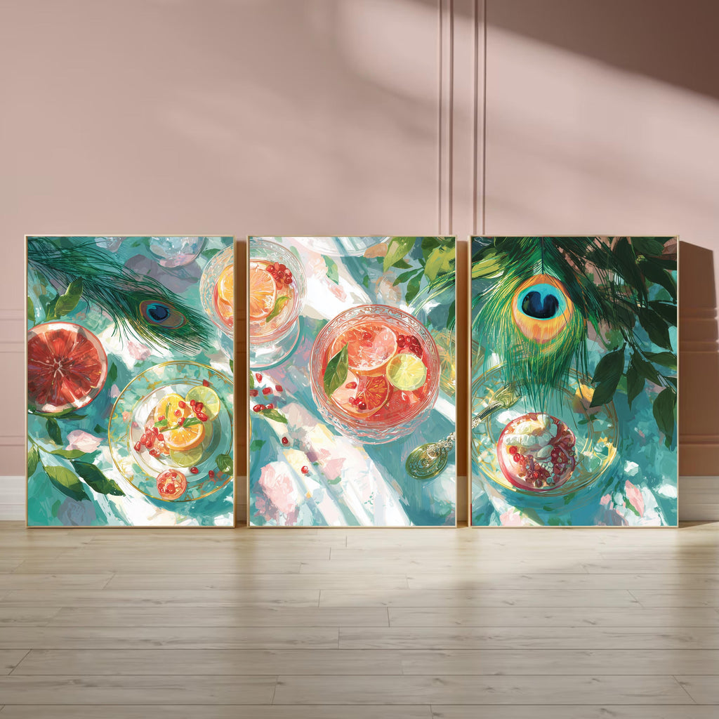 Citrus Cocktail Poster Set, Summer Kitchen Wall Art with Grapefruit, Lime and Pomegranate Prints, Colorful Fruit Still Life Triptych