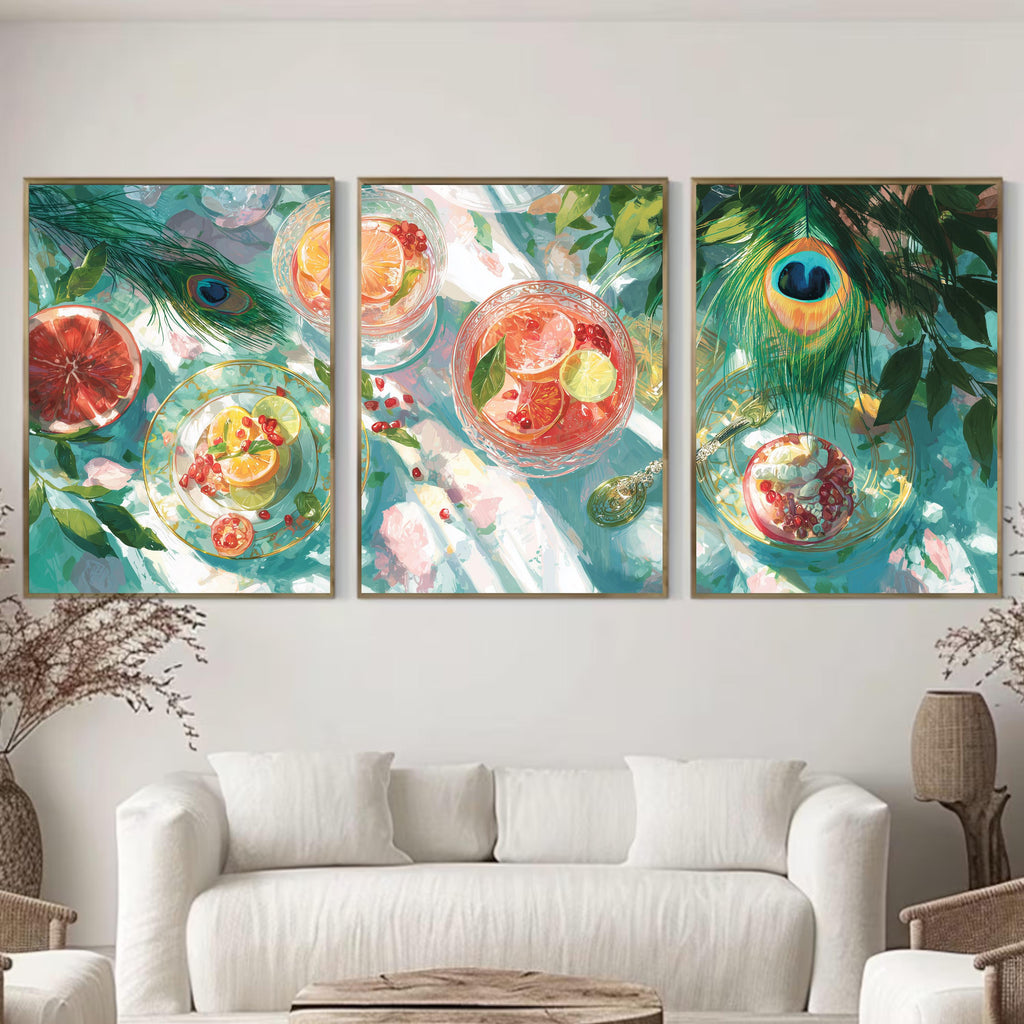 Citrus Cocktail Poster Set, Summer Kitchen Wall Art with Grapefruit, Lime and Pomegranate Prints, Colorful Fruit Still Life Triptych