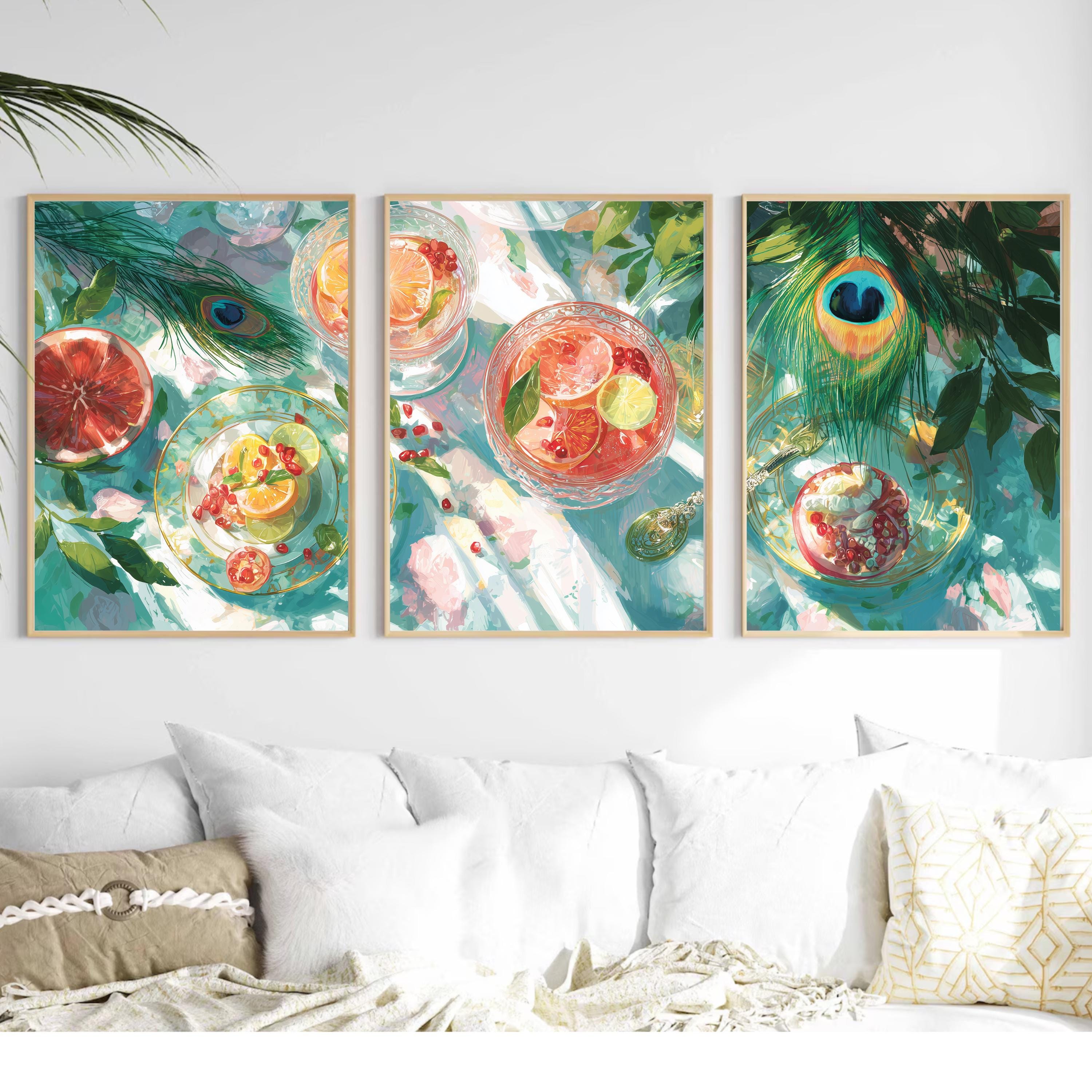 Citrus Cocktail Poster Set, Summer Kitchen Wall Art with Grapefruit, Lime and Pomegranate Prints, Colorful Fruit Still Life Triptych