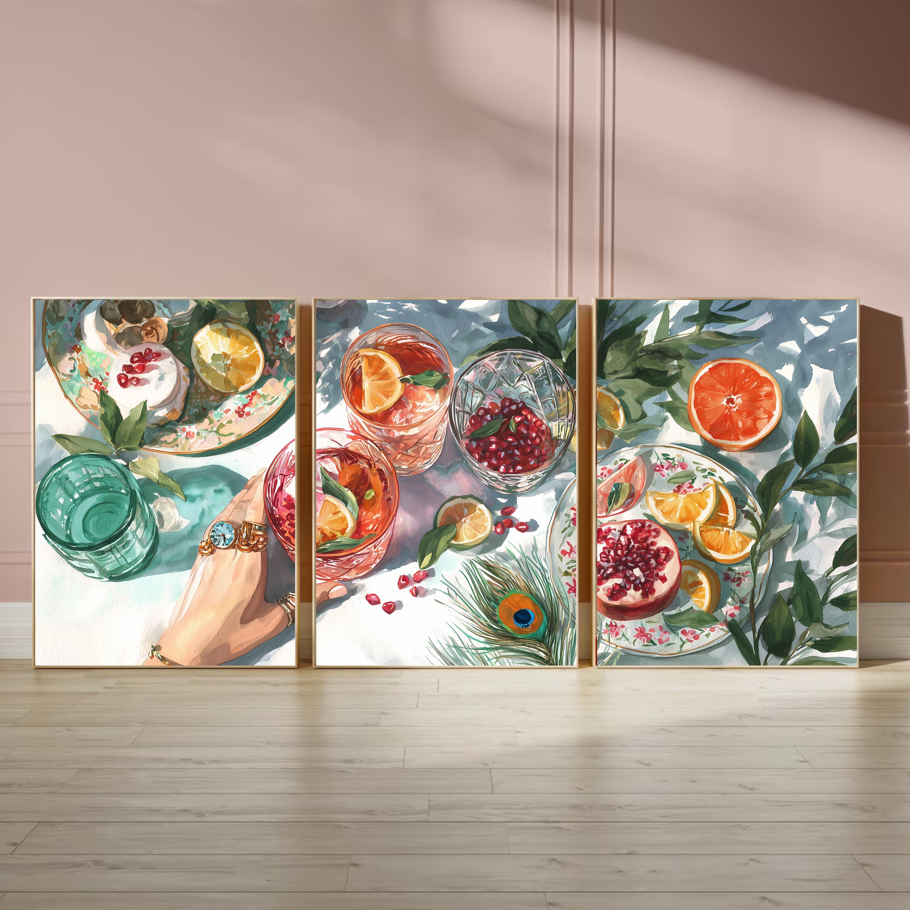 Kitchen Dining Room Triptych Poster Set, Fruit Still Life Wall Art, Citrus and Pomegranate Prints with Glassware for Modern Home Decor