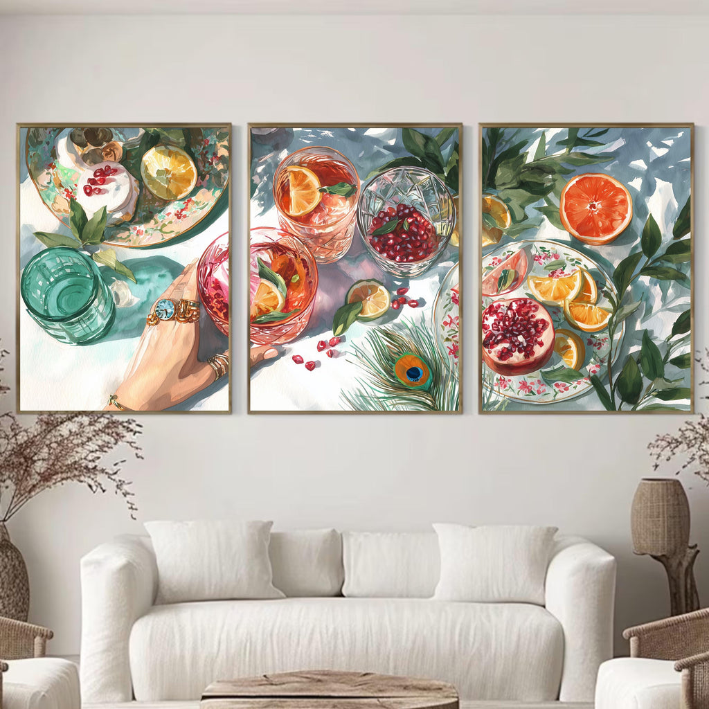 Kitchen Dining Room Triptych Poster Set, Fruit Still Life Wall Art, Citrus and Pomegranate Prints with Glassware for Modern Home Decor