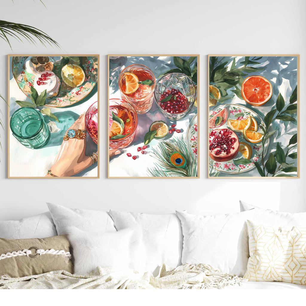 Kitchen Dining Room Triptych Poster Set, Fruit Still Life Wall Art, Citrus and Pomegranate Prints with Glassware for Modern Home Decor