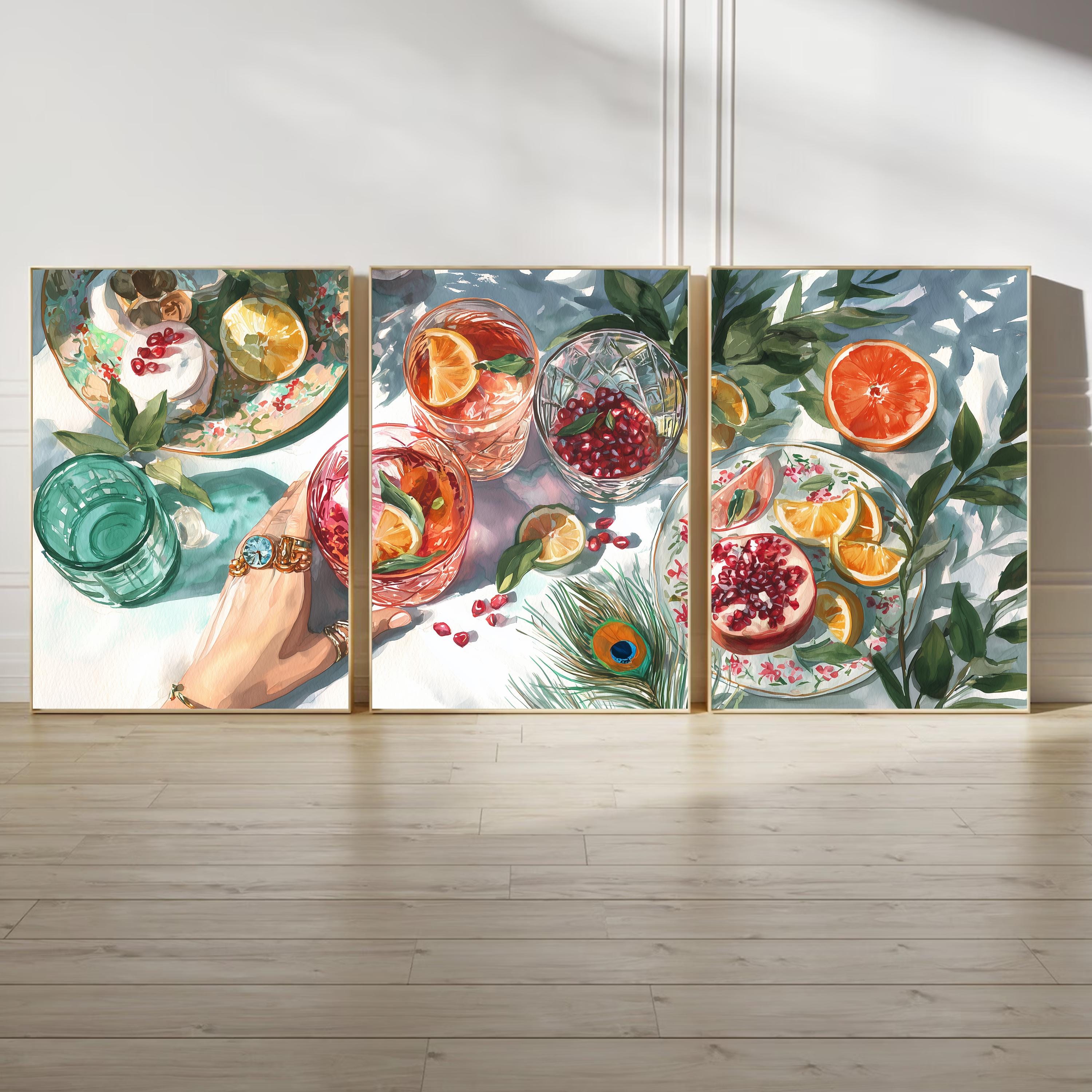 Kitchen Dining Room Triptych Poster Set, Fruit Still Life Wall Art, Citrus and Pomegranate Prints with Glassware for Modern Home Decor