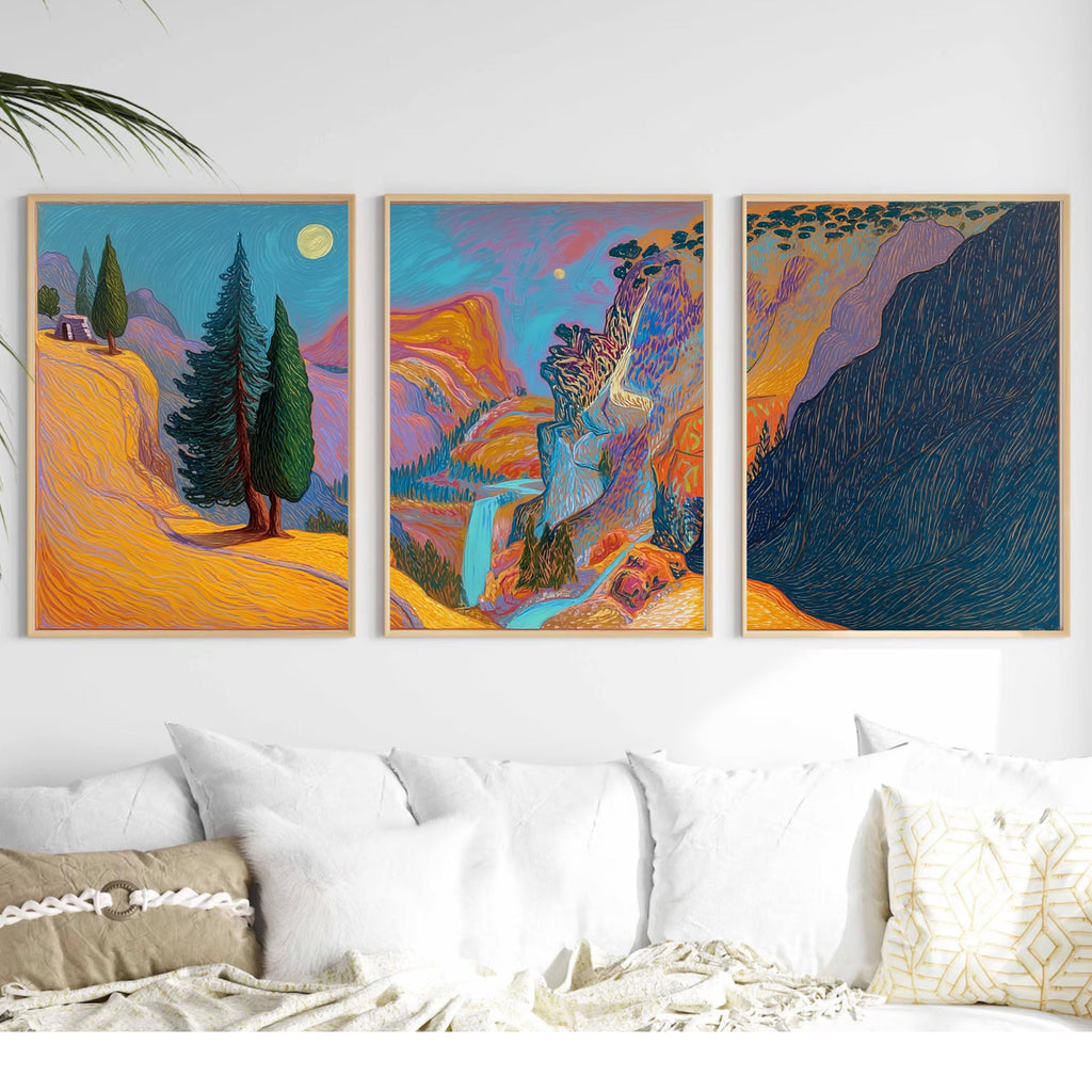 Vibrant Mountain Landscape Triptych, Abstract Nature Poster Set, Colorful Waterfall Wall Art Prints for Modern Home Décor