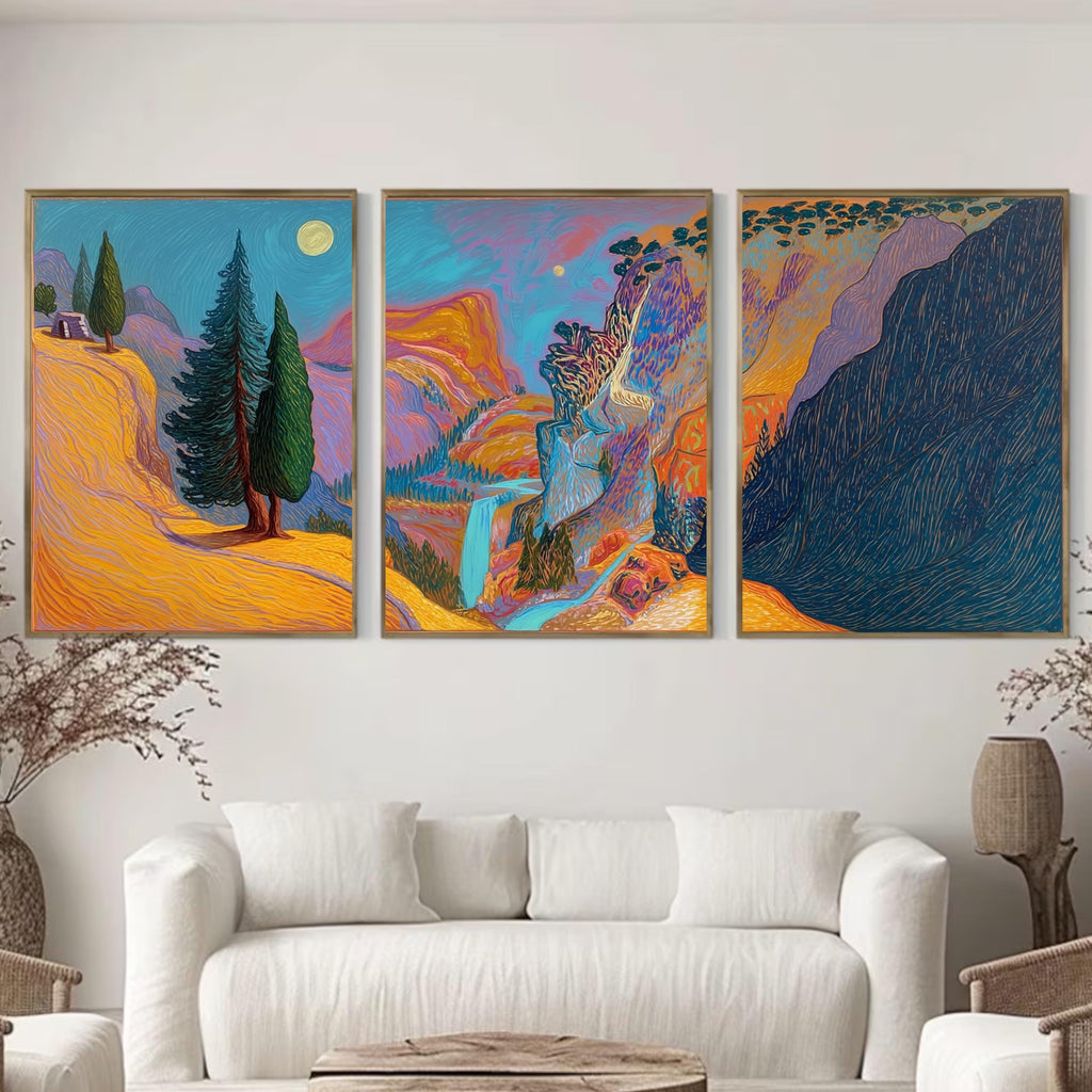 Vibrant Mountain Landscape Triptych, Abstract Nature Poster Set, Colorful Waterfall Wall Art Prints for Modern Home Décor