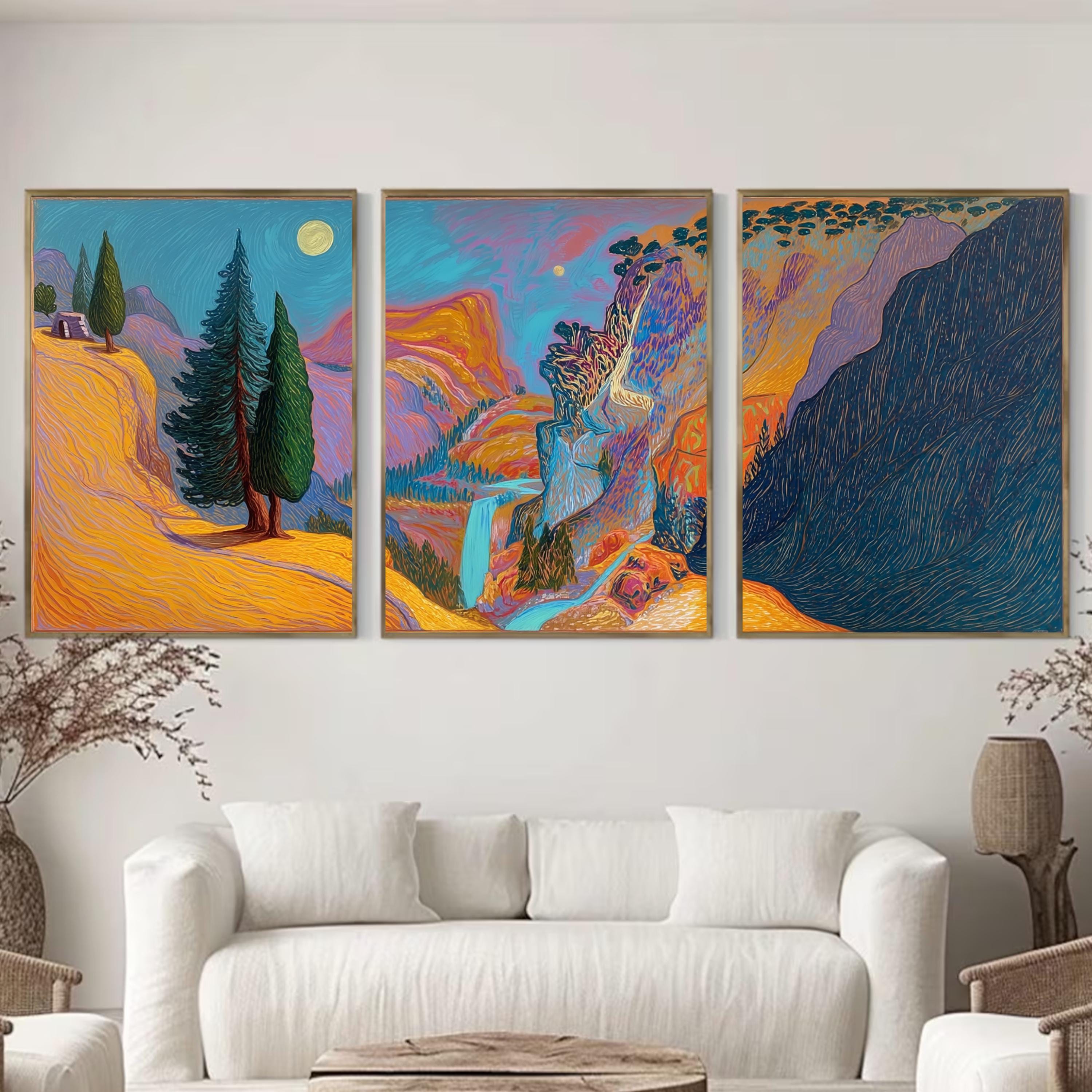 Vibrant Mountain Landscape Triptych, Abstract Nature Poster Set, Colorful Waterfall Wall Art Prints for Modern Home Décor