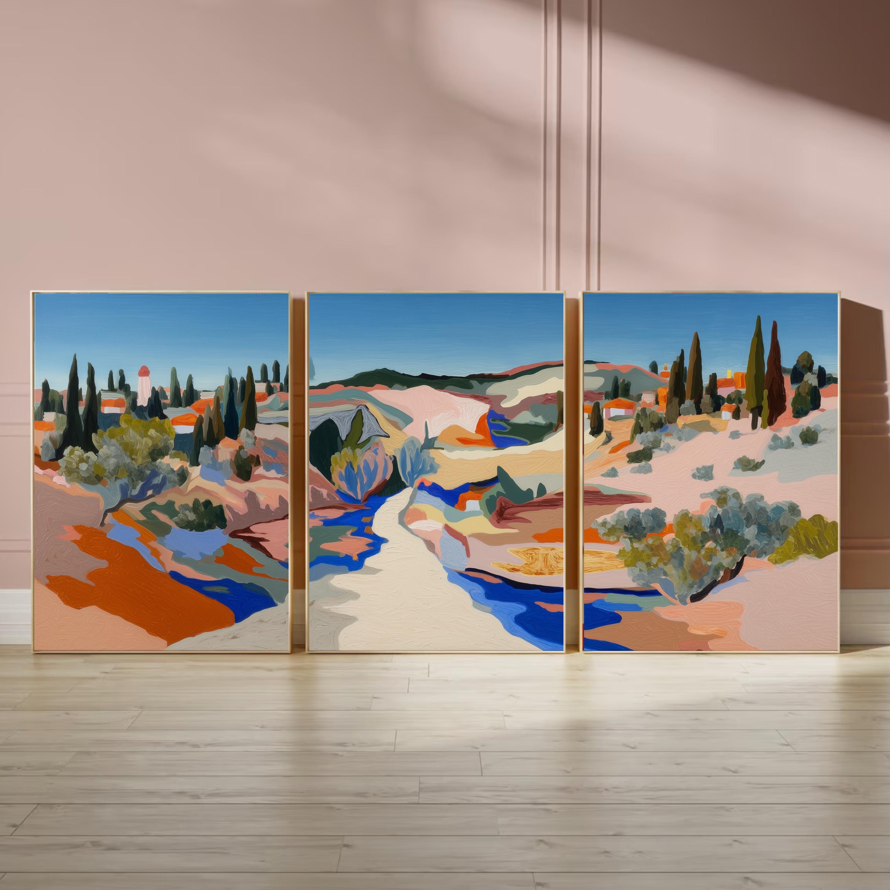 Mediterranean Landscape Triptych, Abstract Poster Set, Colorful Countryside Wall Art Prints for Modern Home Décor