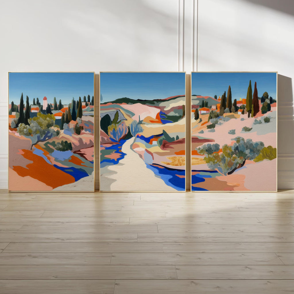 Mediterranean Landscape Triptych, Abstract Poster Set, Colorful Countryside Wall Art Prints for Modern Home Décor