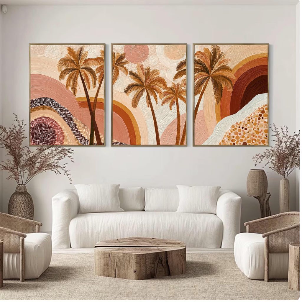Boho Palm Tree Wall Art Set • Neutral Earth Tone Triptych Prints • Coastal Boho Decor • Tropical Sunset Abstract Art • Living Room Wall