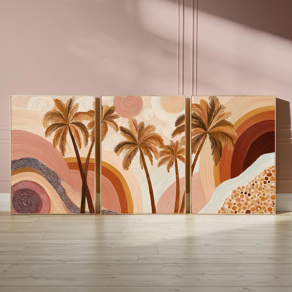 Boho Palm Tree Wall Art Set • Neutral Earth Tone Triptych Prints • Coastal Boho Decor • Tropical Sunset Abstract Art • Living Room Wall