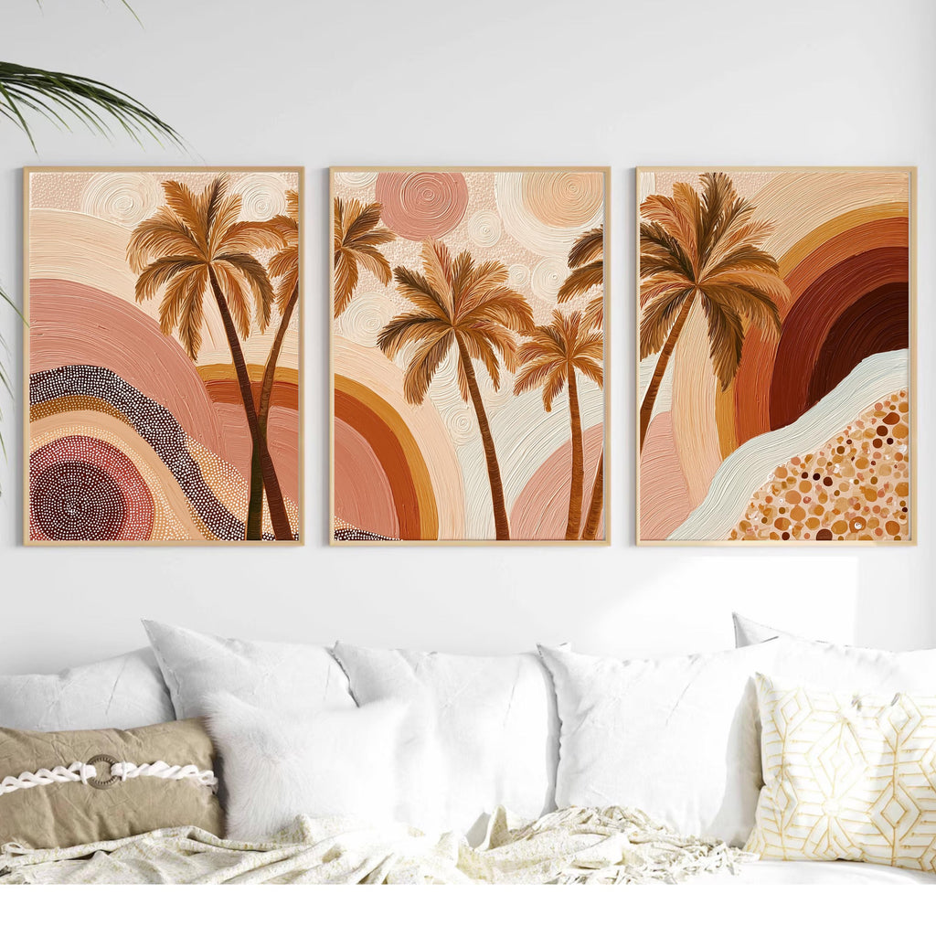 Boho Palm Tree Wall Art Set • Neutral Earth Tone Triptych Prints • Coastal Boho Decor • Tropical Sunset Abstract Art • Living Room Wall
