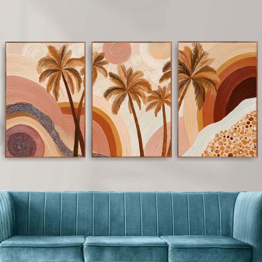 Boho Palm Tree Wall Art Set • Neutral Earth Tone Triptych Prints • Coastal Boho Decor • Tropical Sunset Abstract Art • Living Room Wall