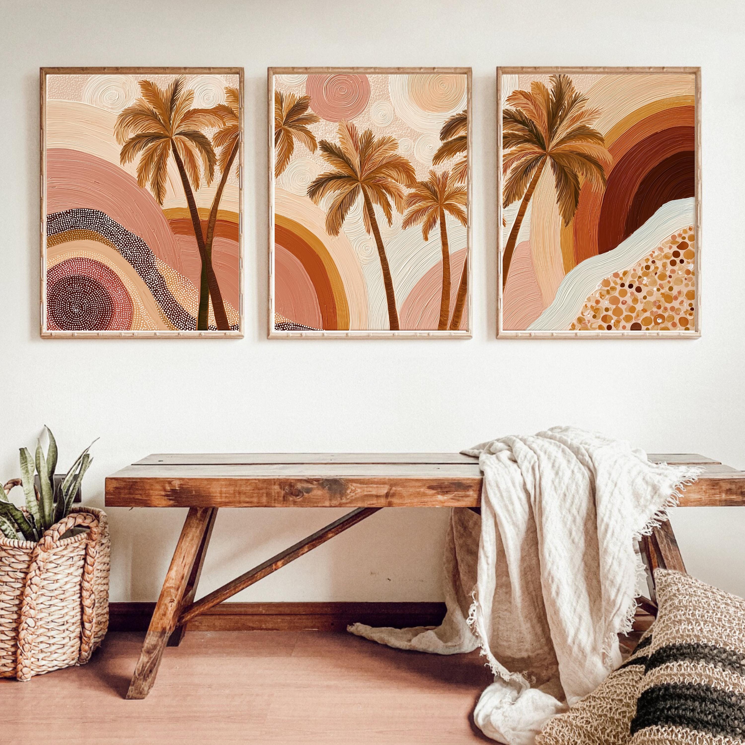 Boho Palm Tree Wall Art Set • Neutral Earth Tone Triptych Prints • Coastal Boho Decor • Tropical Sunset Abstract Art • Living Room Wall