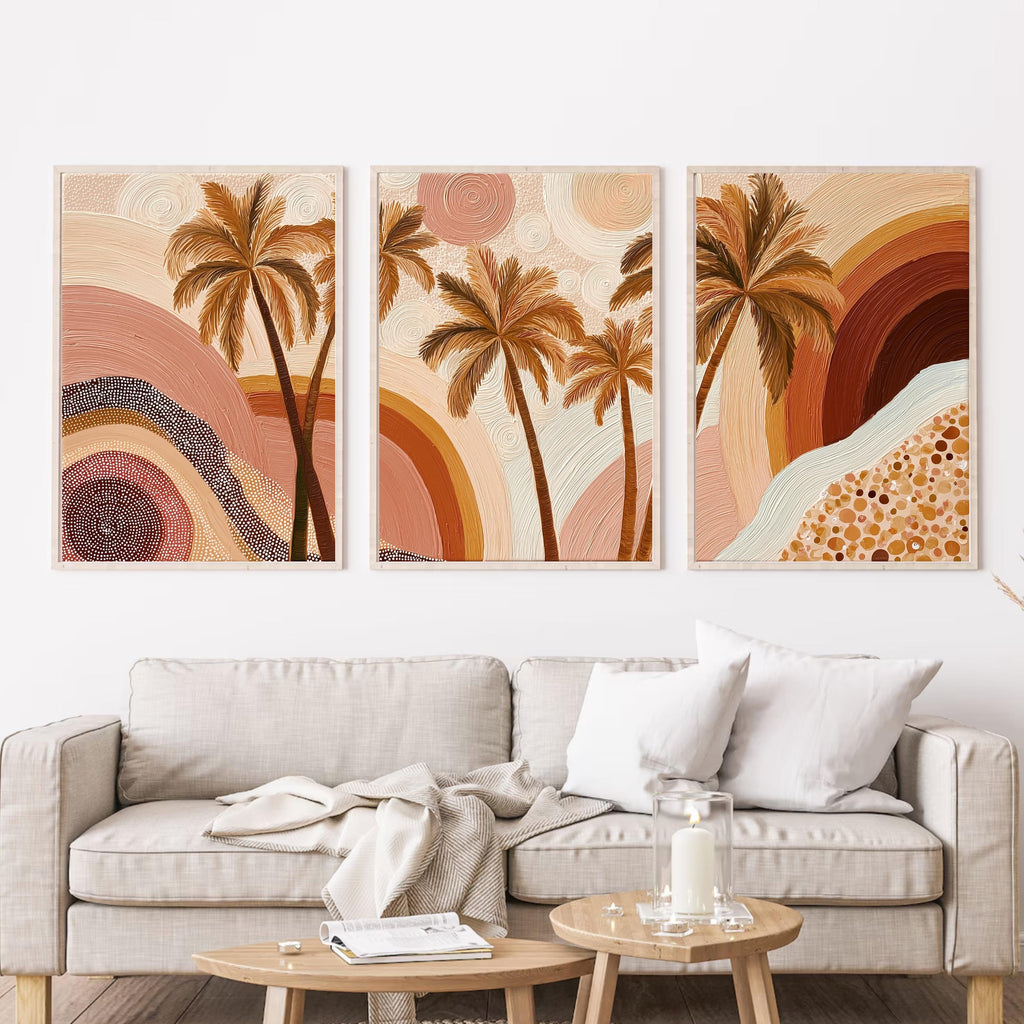 Boho Palm Tree Wall Art Set • Neutral Earth Tone Triptych Prints • Coastal Boho Decor • Tropical Sunset Abstract Art • Living Room Wall