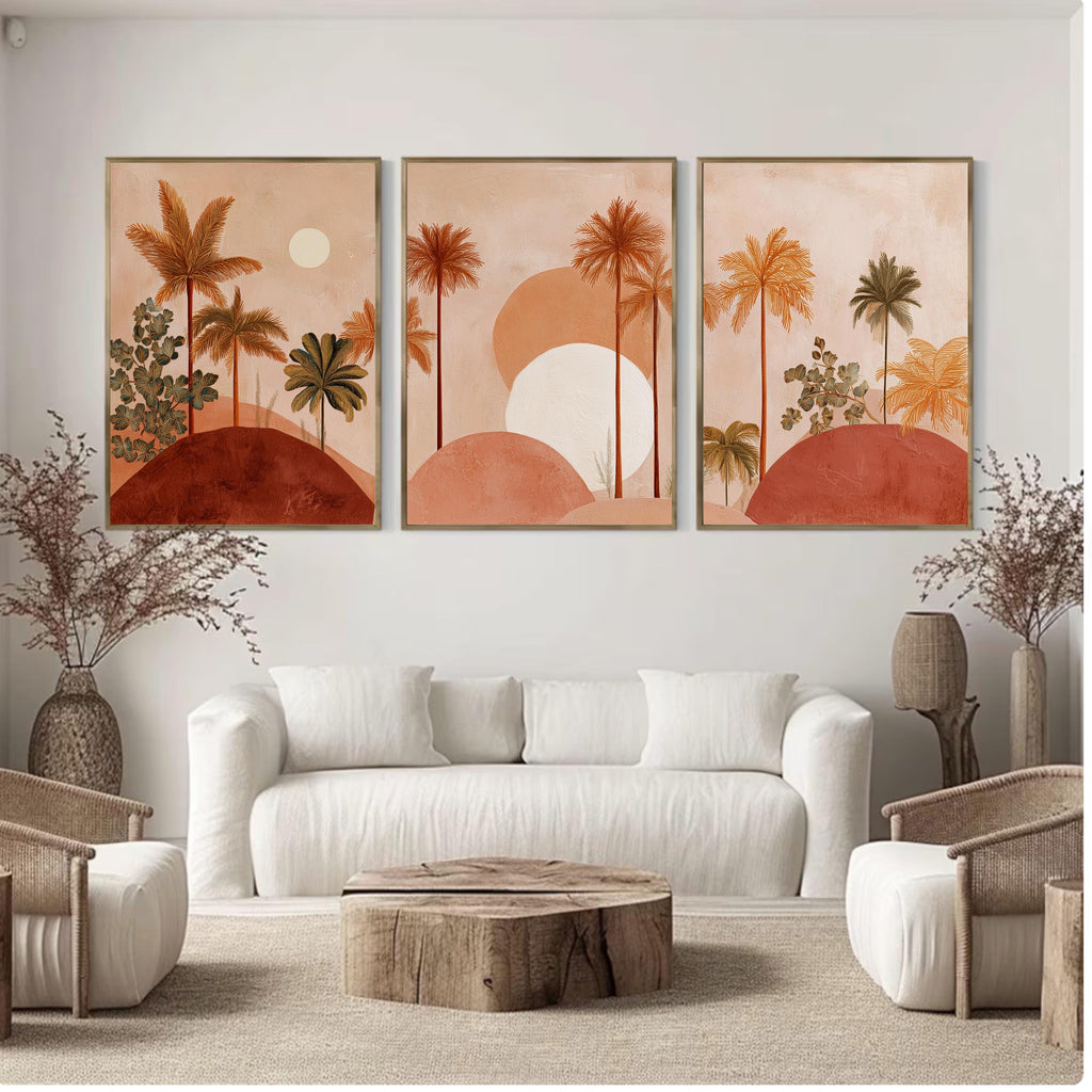 Boho Palm Tree Wall Art Set of 3 | Desert Sunset Prints | Coastal Tropical Decor | Terracotta Neutral Art | Boho Living Room Wall Prints
