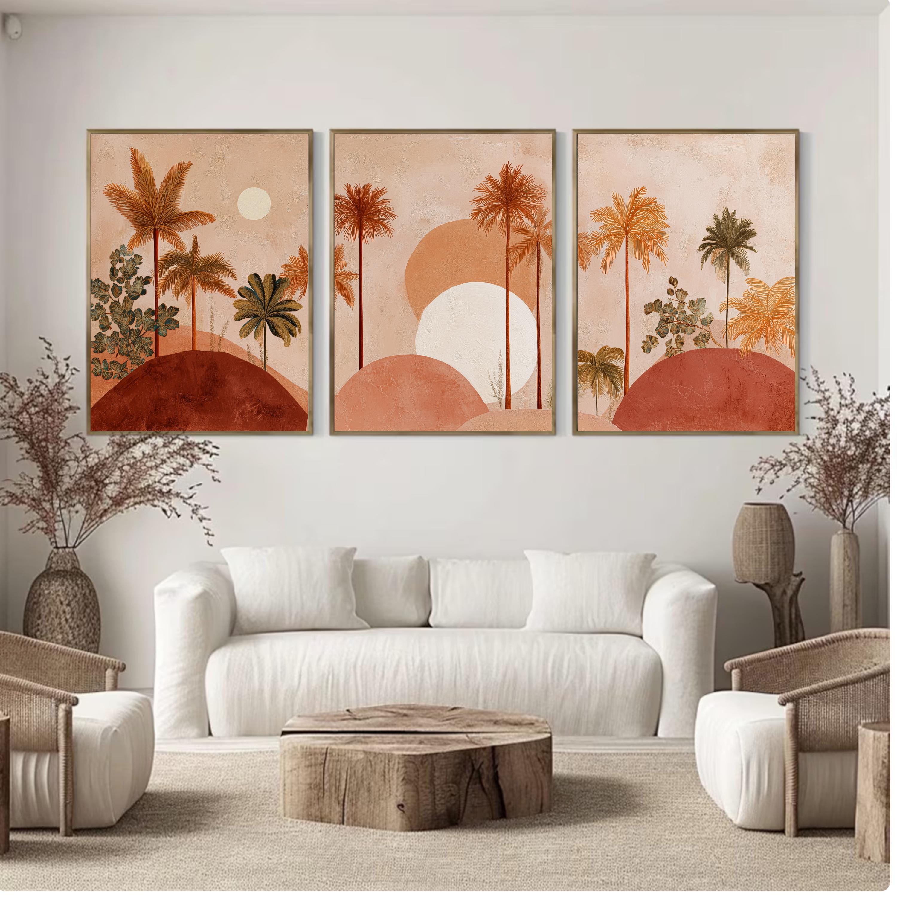 Boho Palm Tree Wall Art Set of 3 | Desert Sunset Prints | Coastal Tropical Decor | Terracotta Neutral Art | Boho Living Room Wall Prints
