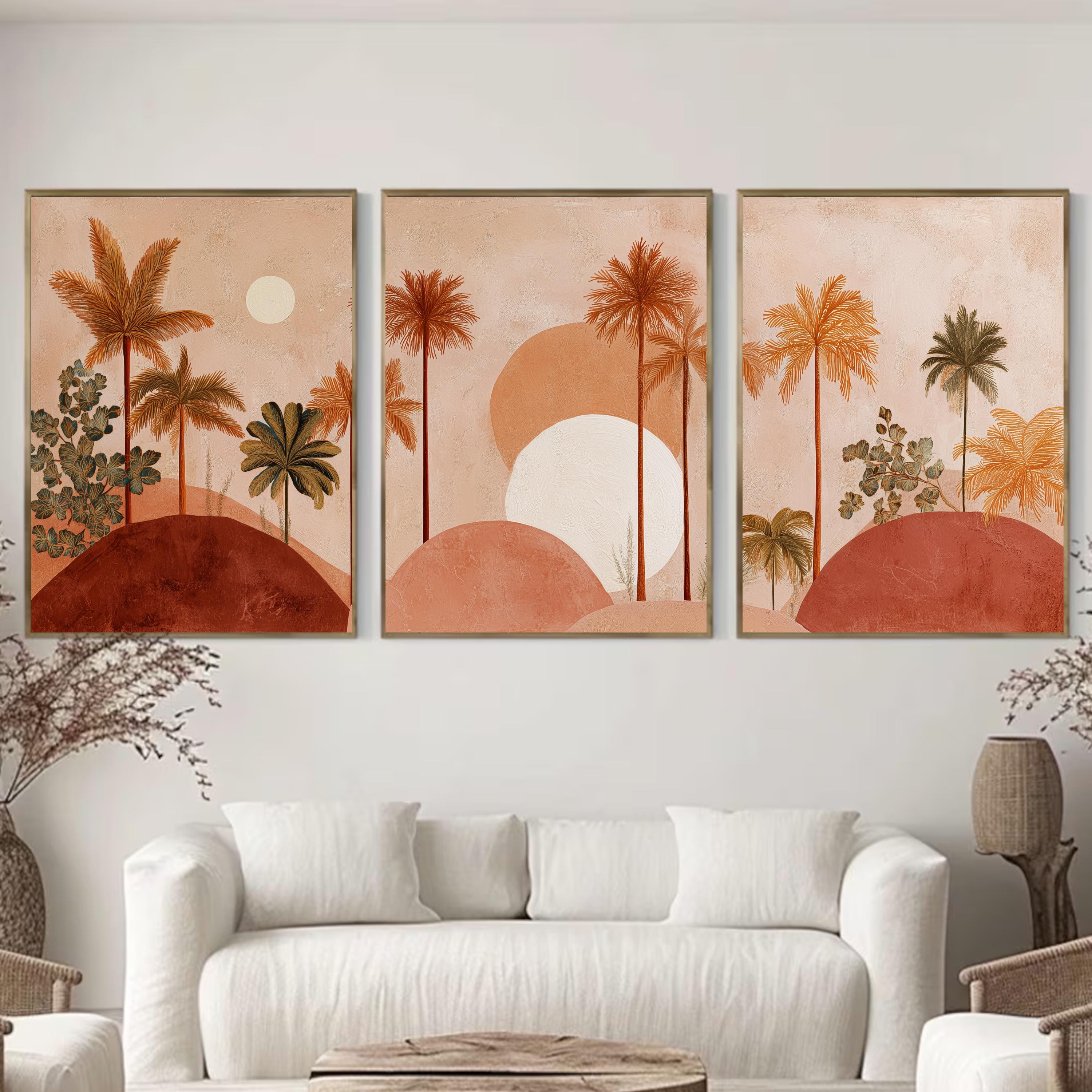 Boho Palm Tree Wall Art Set of 3 | Desert Sunset Prints | Coastal Tropical Decor | Terracotta Neutral Art | Boho Living Room Wall Prints