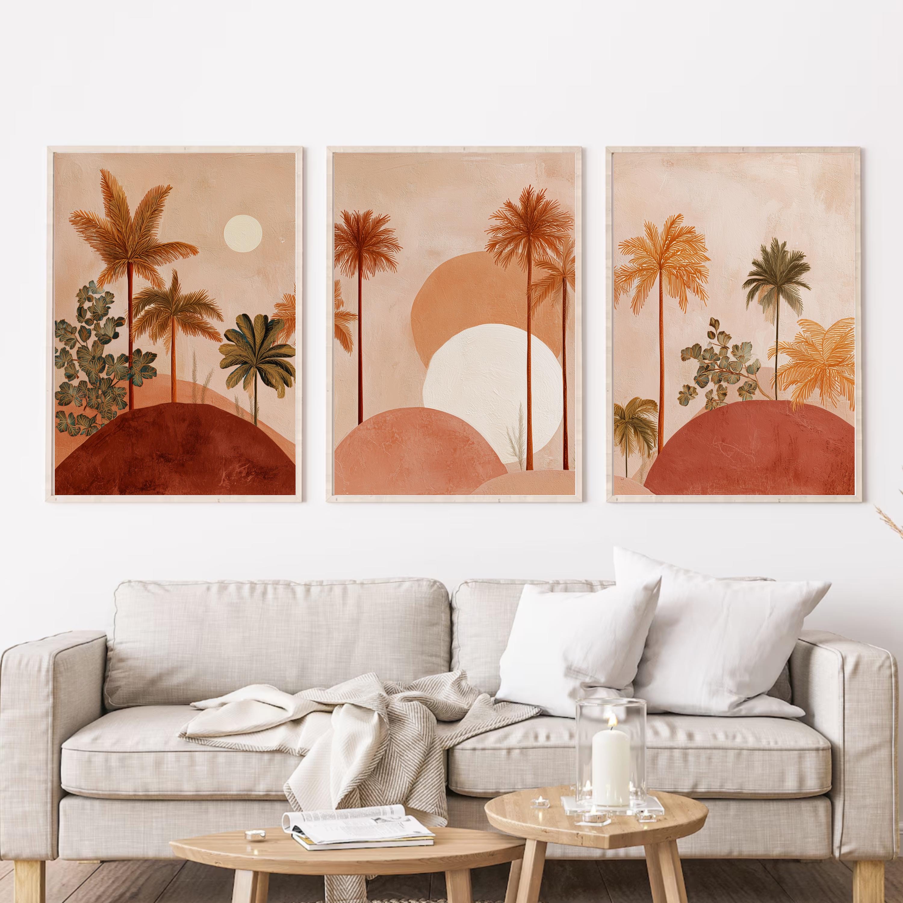 Boho Palm Tree Wall Art Set of 3 | Desert Sunset Prints | Coastal Tropical Decor | Terracotta Neutral Art | Boho Living Room Wall Prints