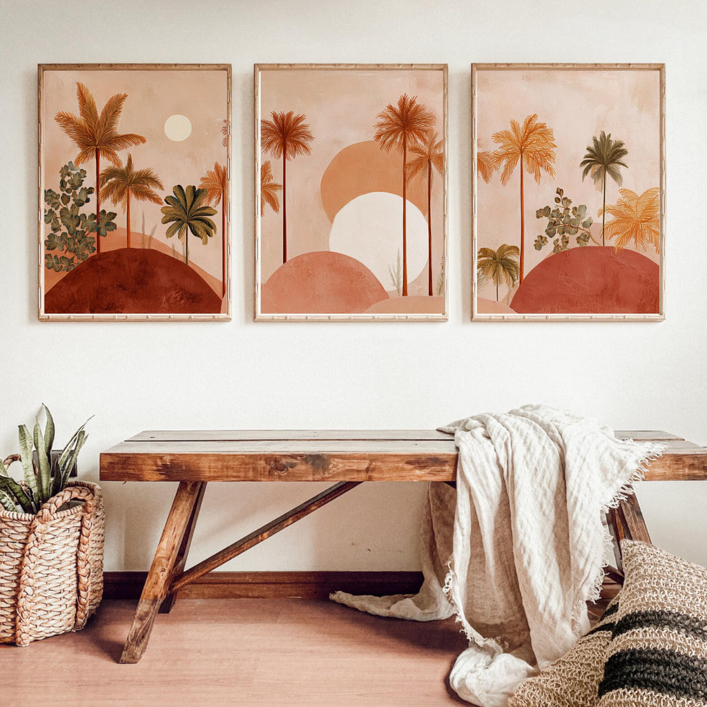 Boho Palm Tree Wall Art Set of 3 | Desert Sunset Prints | Coastal Tropical Decor | Terracotta Neutral Art | Boho Living Room Wall Prints