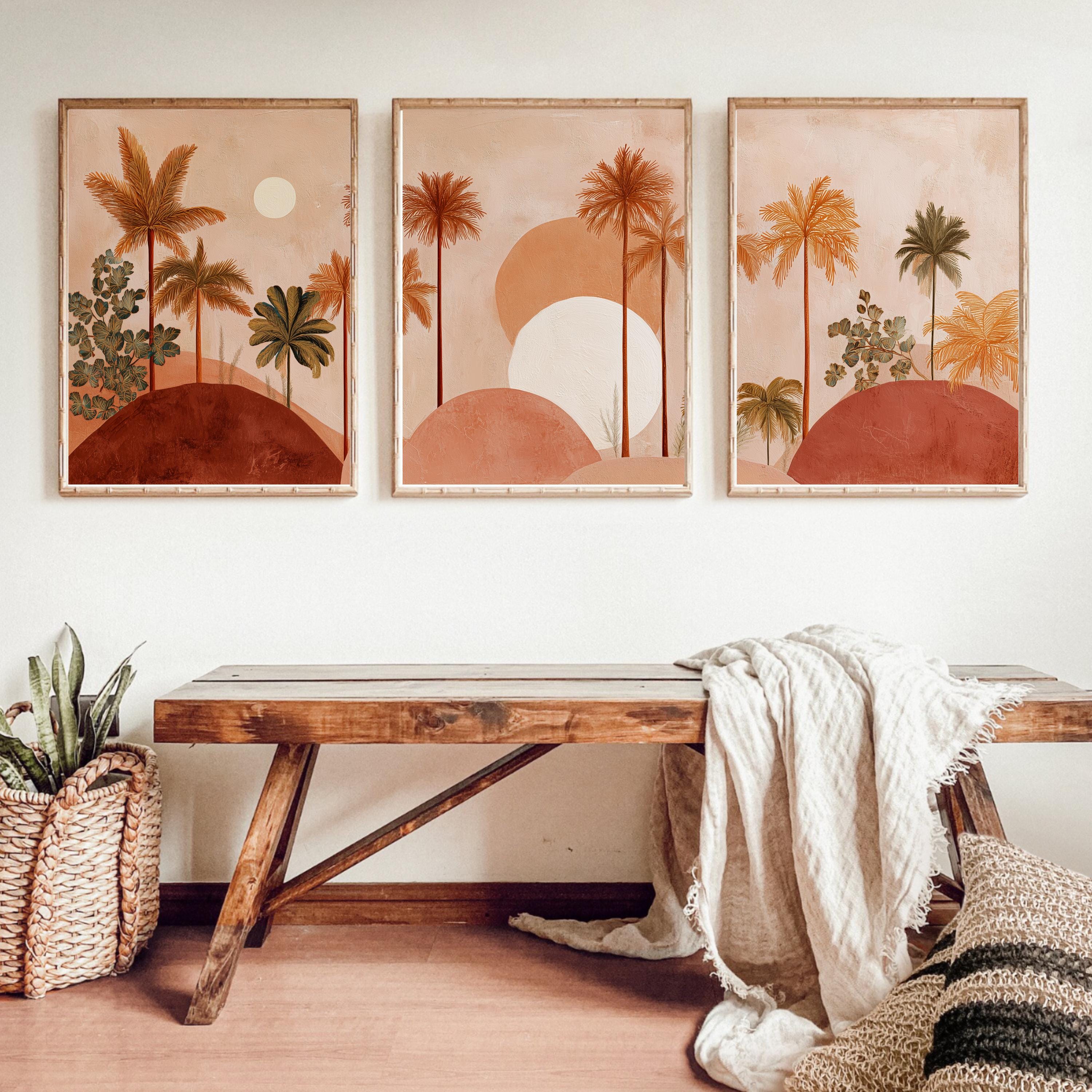 Boho Palm Tree Wall Art Set of 3 | Desert Sunset Prints | Coastal Tropical Decor | Terracotta Neutral Art | Boho Living Room Wall Prints