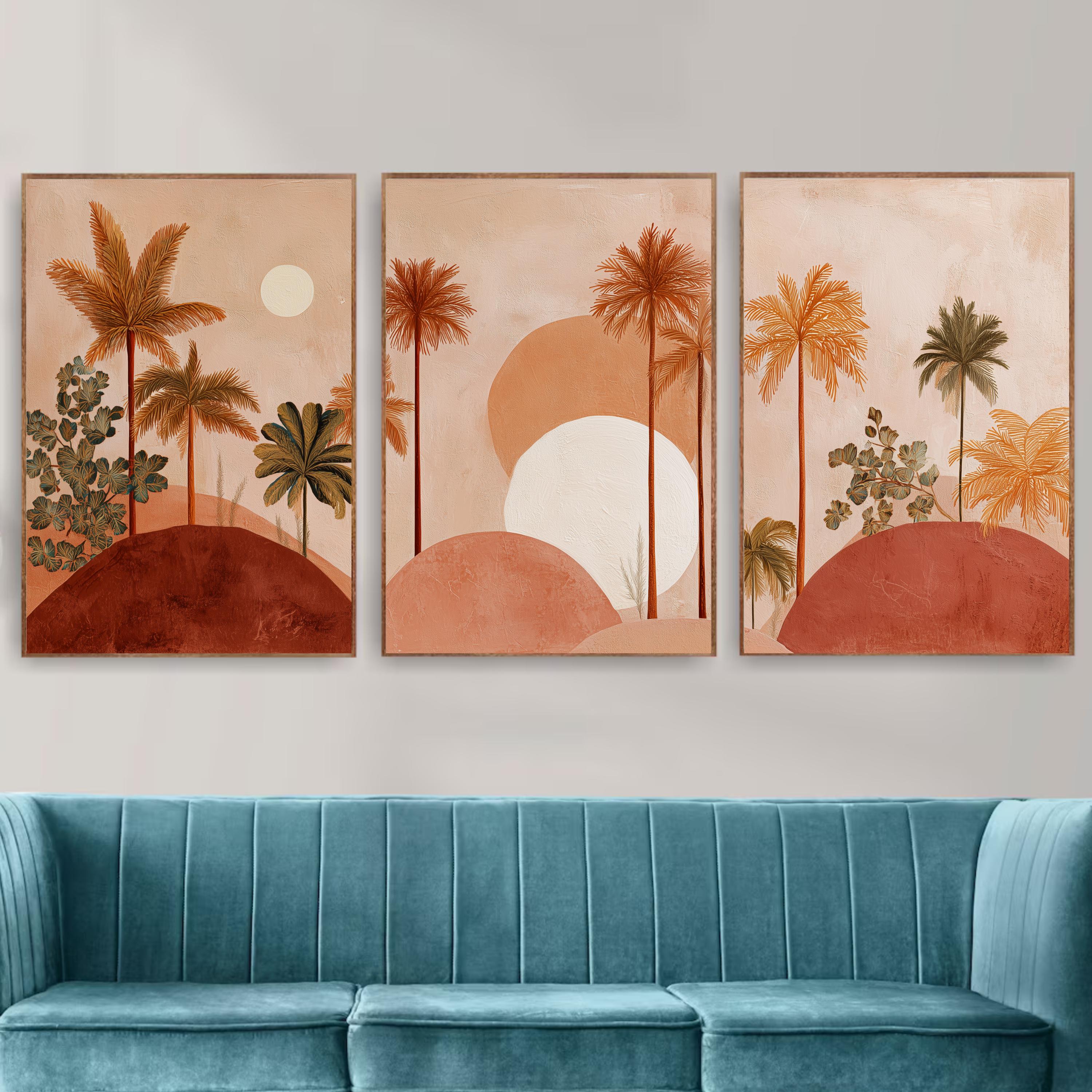 Boho Palm Tree Wall Art Set of 3 | Desert Sunset Prints | Coastal Tropical Decor | Terracotta Neutral Art | Boho Living Room Wall Prints
