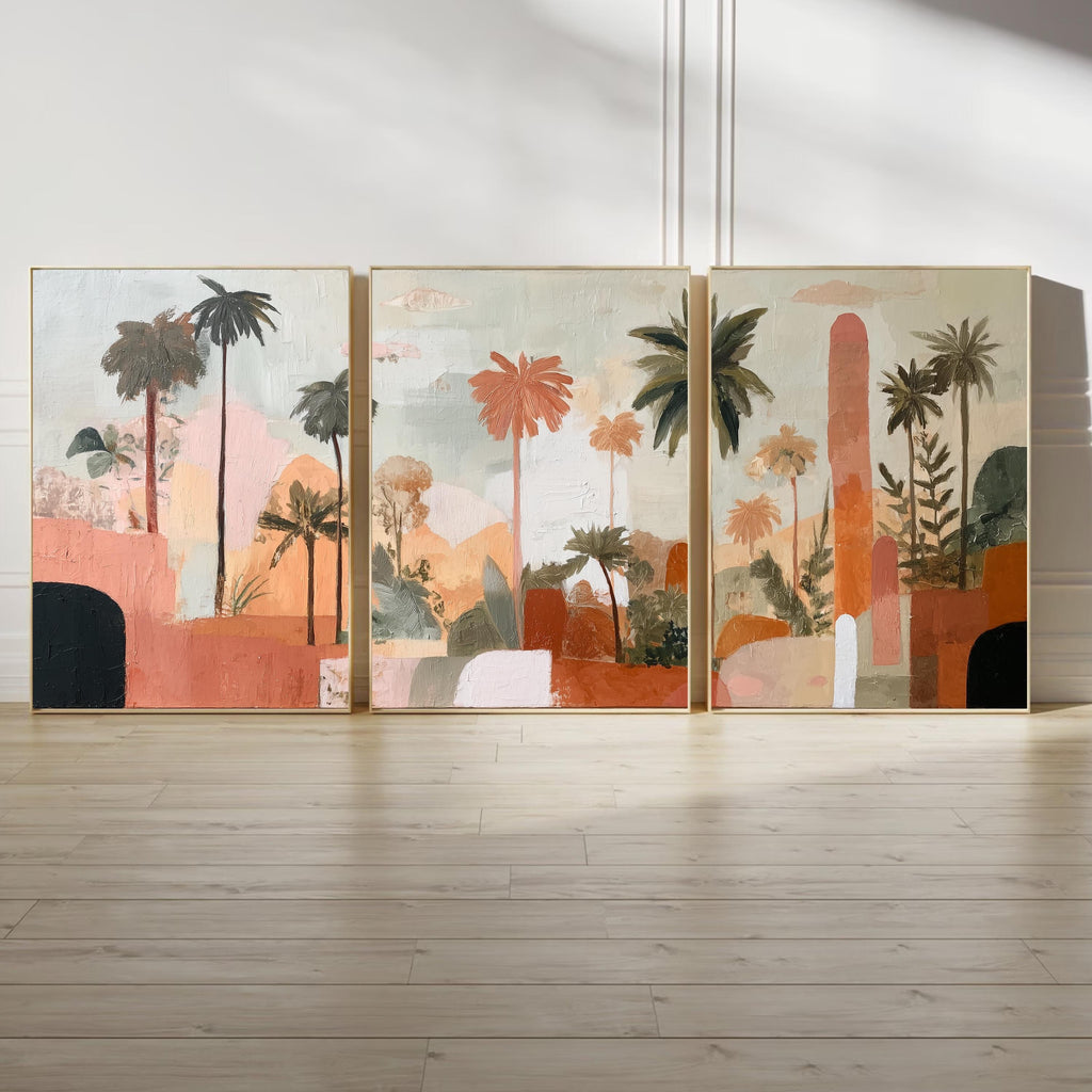 Boho Abstract Palm Tree Art Set of 3 | Tropical Landscape Prints | Terracotta Botanical Wall Decor | Warm Earth Tone Triptych Posters