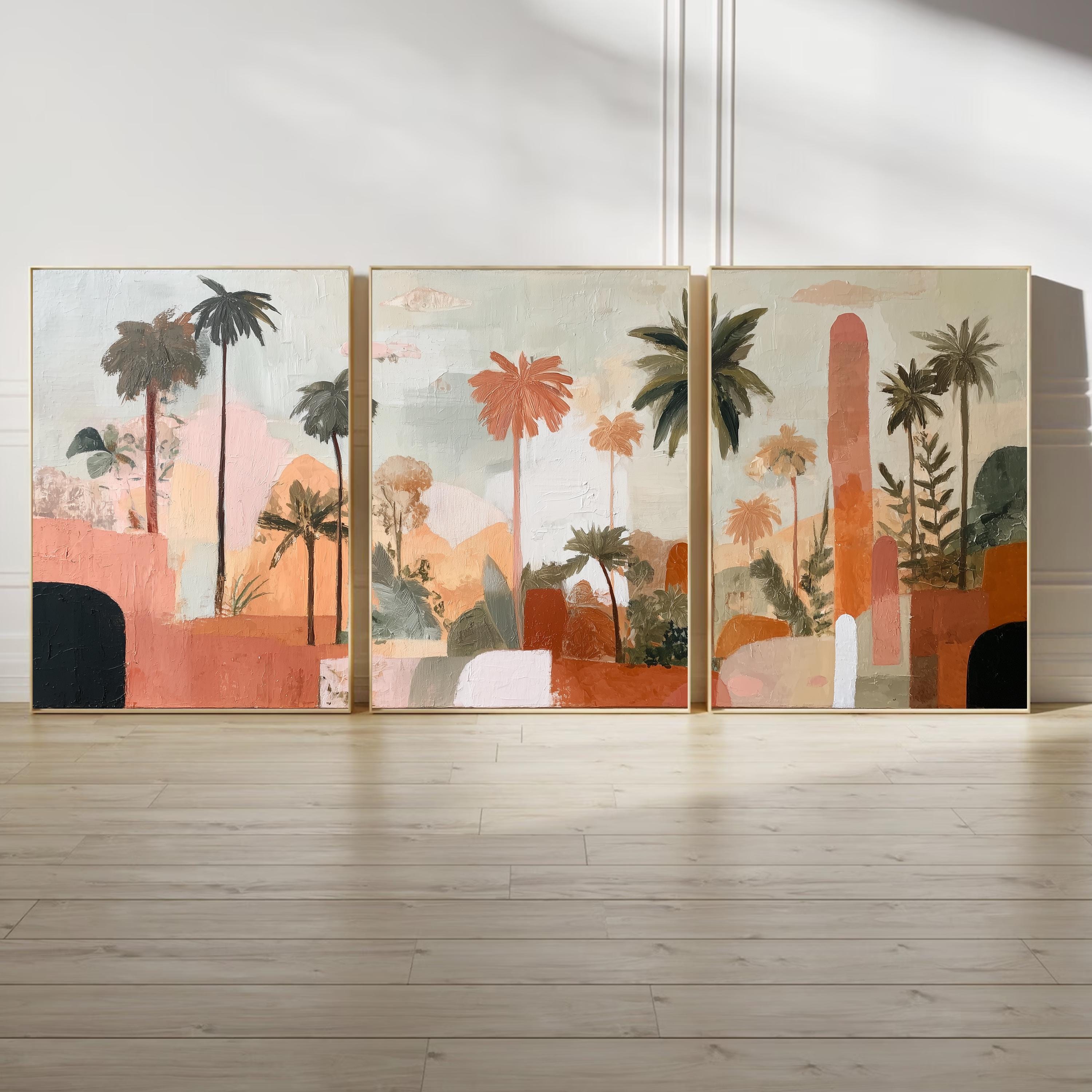 Boho Abstract Palm Tree Art Set of 3 | Tropical Landscape Prints | Terracotta Botanical Wall Decor | Warm Earth Tone Triptych Posters