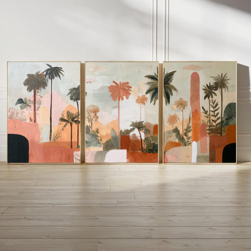Boho Abstract Palm Tree Art Set of 3 | Tropical Landscape Prints | Terracotta Botanical Wall Decor | Warm Earth Tone Triptych Posters