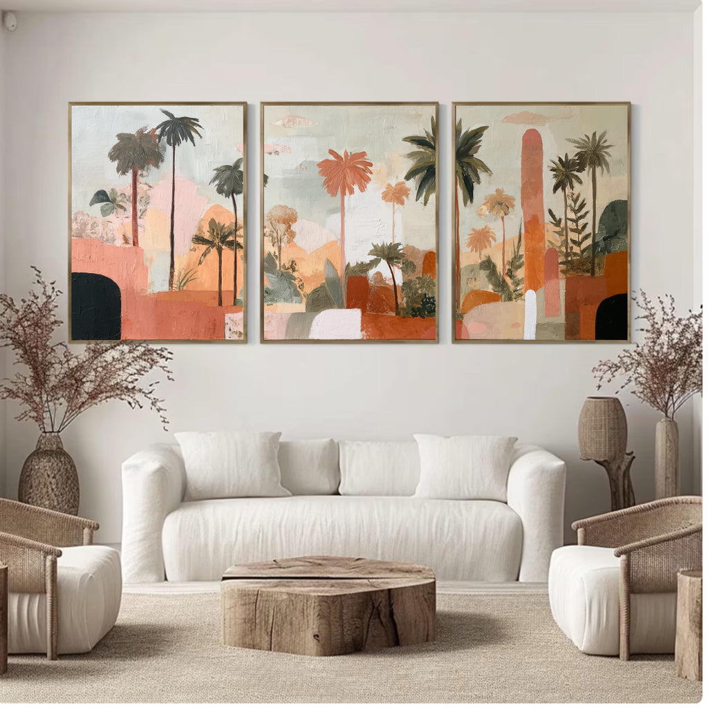 Boho Abstract Palm Tree Art Set of 3 | Tropical Landscape Prints | Terracotta Botanical Wall Decor | Warm Earth Tone Triptych Posters