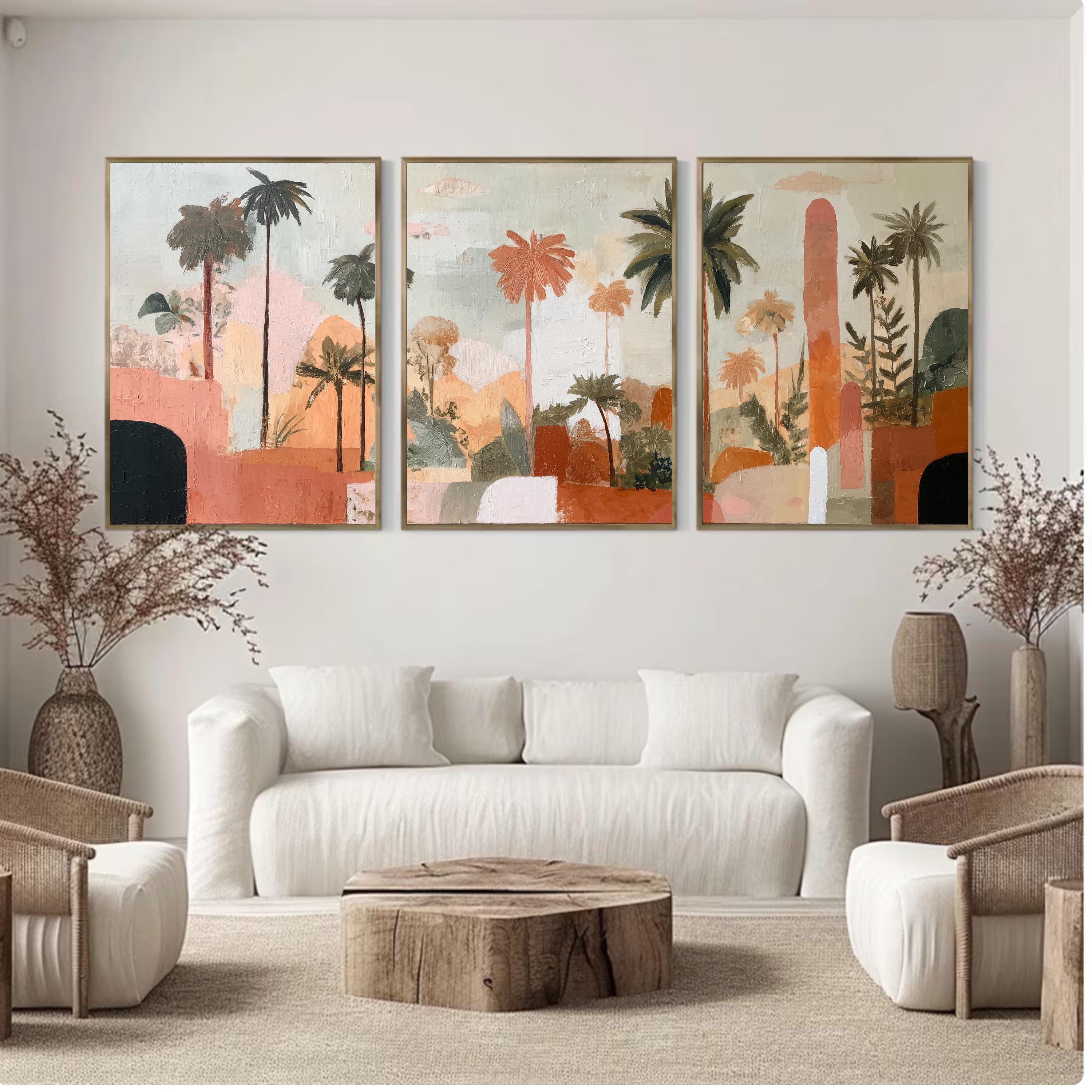 Boho Abstract Palm Tree Art Set of 3 | Tropical Landscape Prints | Terracotta Botanical Wall Decor | Warm Earth Tone Triptych Posters