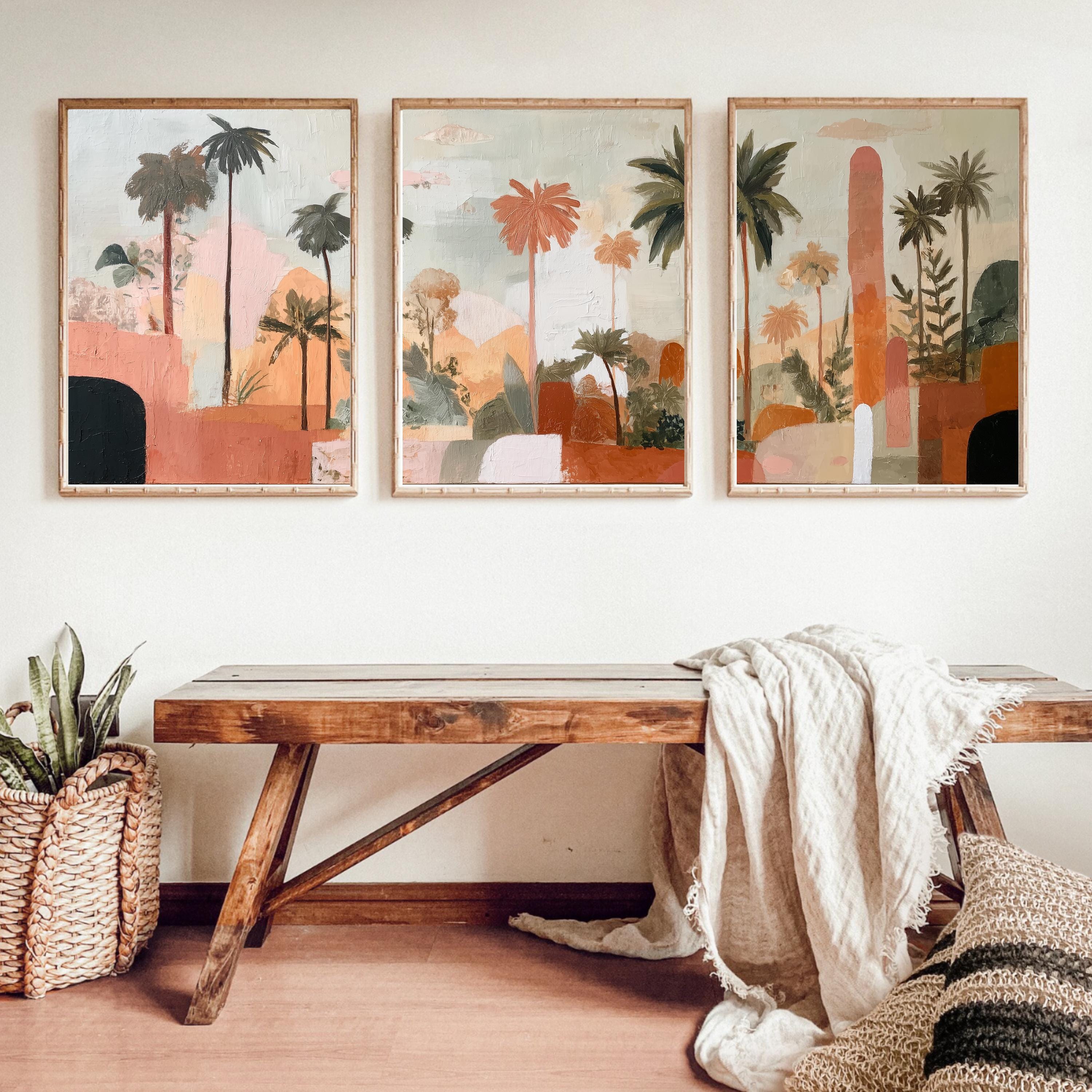 Boho Abstract Palm Tree Art Set of 3 | Tropical Landscape Prints | Terracotta Botanical Wall Decor | Warm Earth Tone Triptych Posters