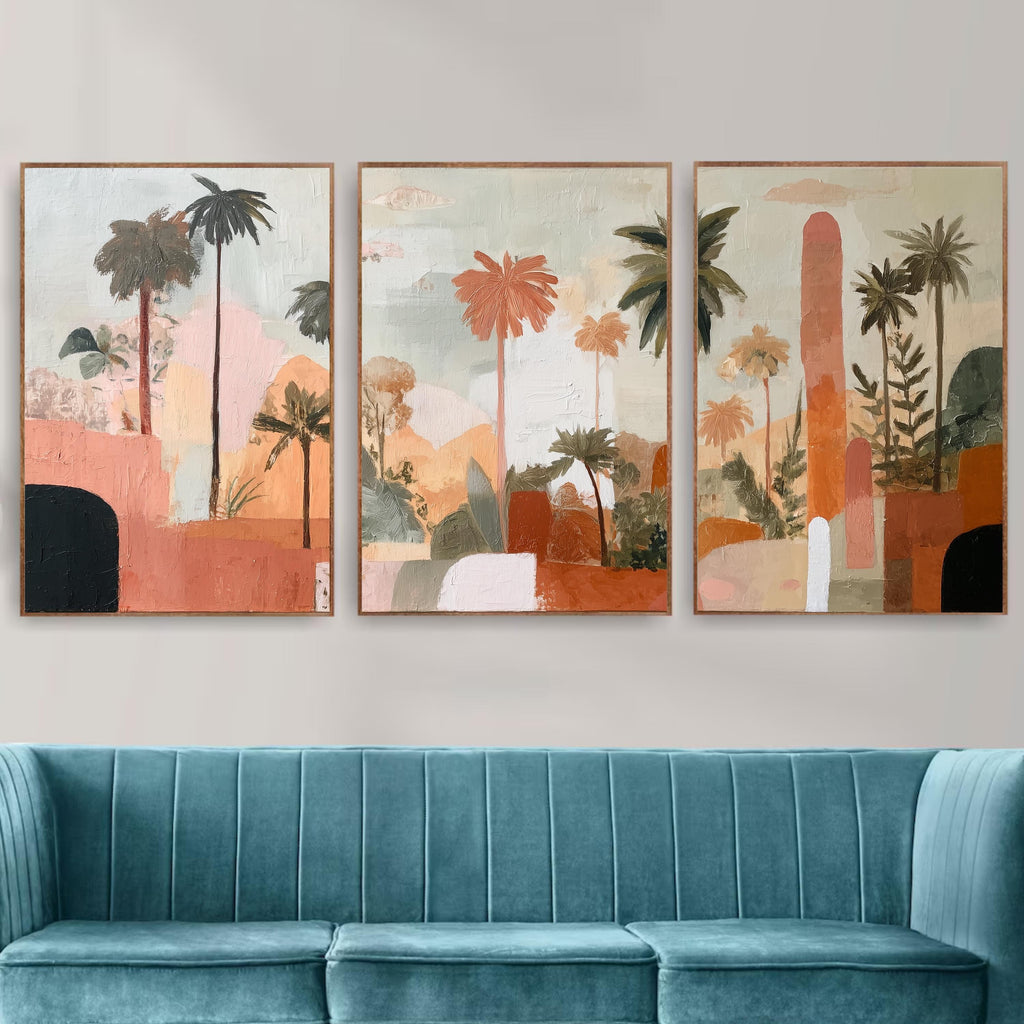 Boho Abstract Palm Tree Art Set of 3 | Tropical Landscape Prints | Terracotta Botanical Wall Decor | Warm Earth Tone Triptych Posters