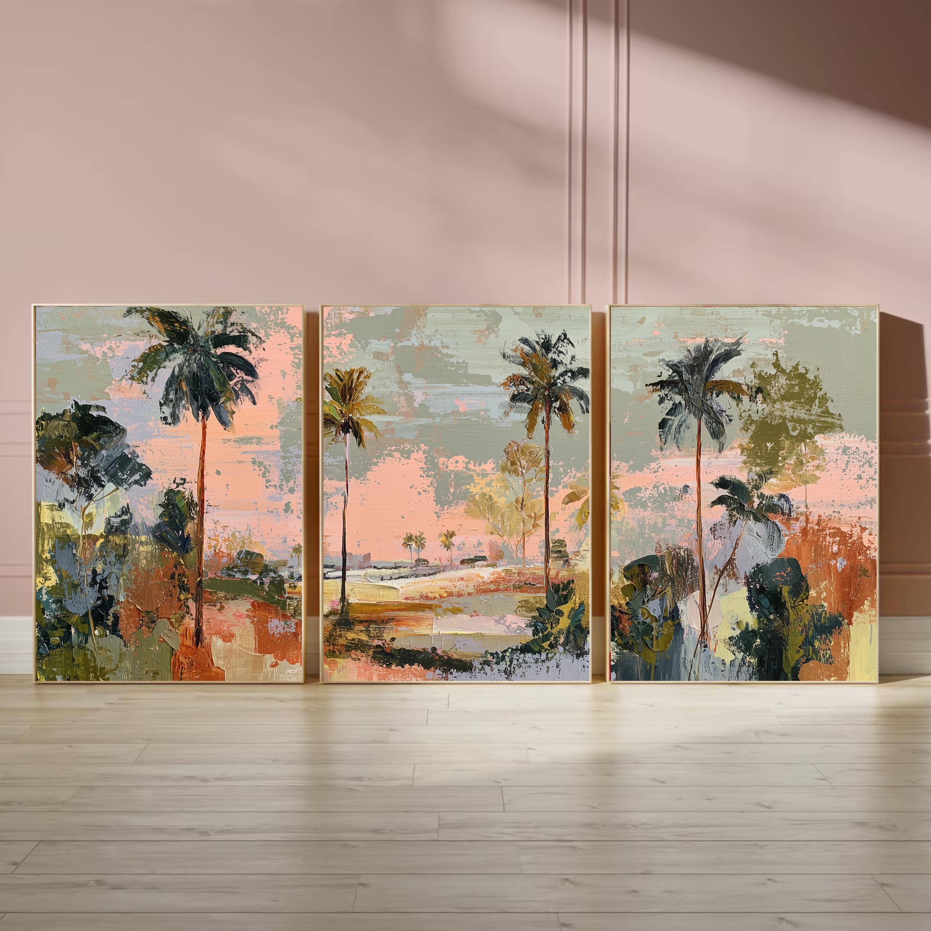 Coastal Abstract Palm Tree Art Set of 3 | Textured Canvas Style Prints | Modern Coastal Luxe Wall Decor | Pastel Sunset Tropical Triptych