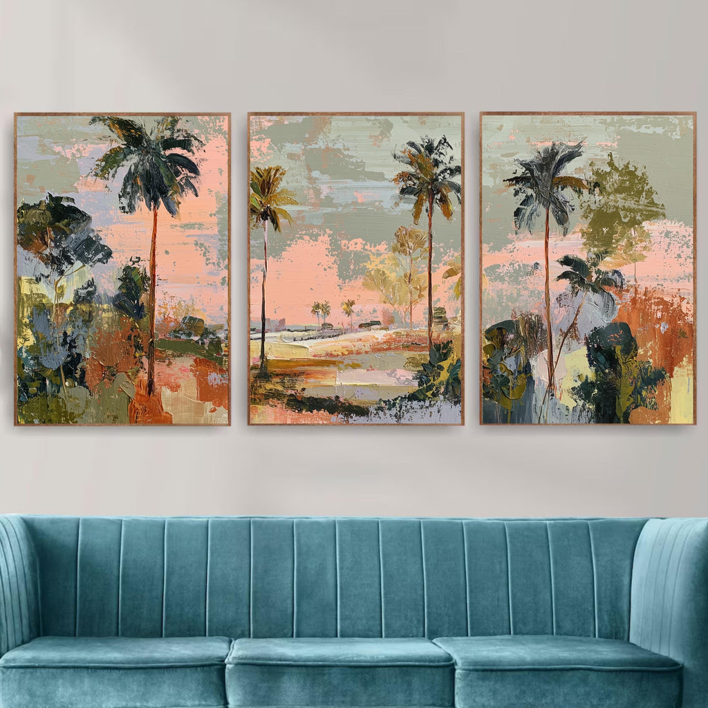 Coastal Abstract Palm Tree Art Set of 3 | Textured Canvas Style Prints | Modern Coastal Luxe Wall Decor | Pastel Sunset Tropical Triptych
