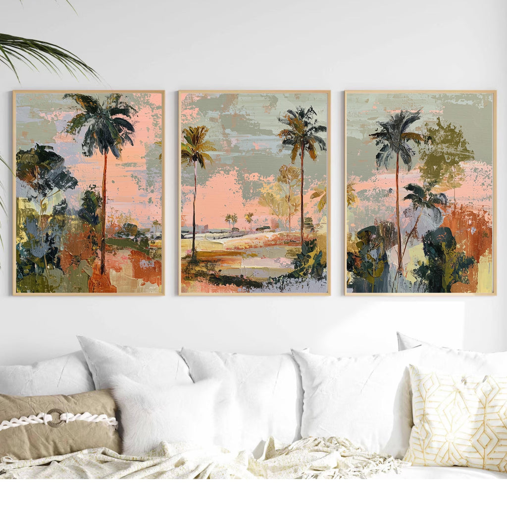 Coastal Abstract Palm Tree Art Set of 3 | Textured Canvas Style Prints | Modern Coastal Luxe Wall Decor | Pastel Sunset Tropical Triptych