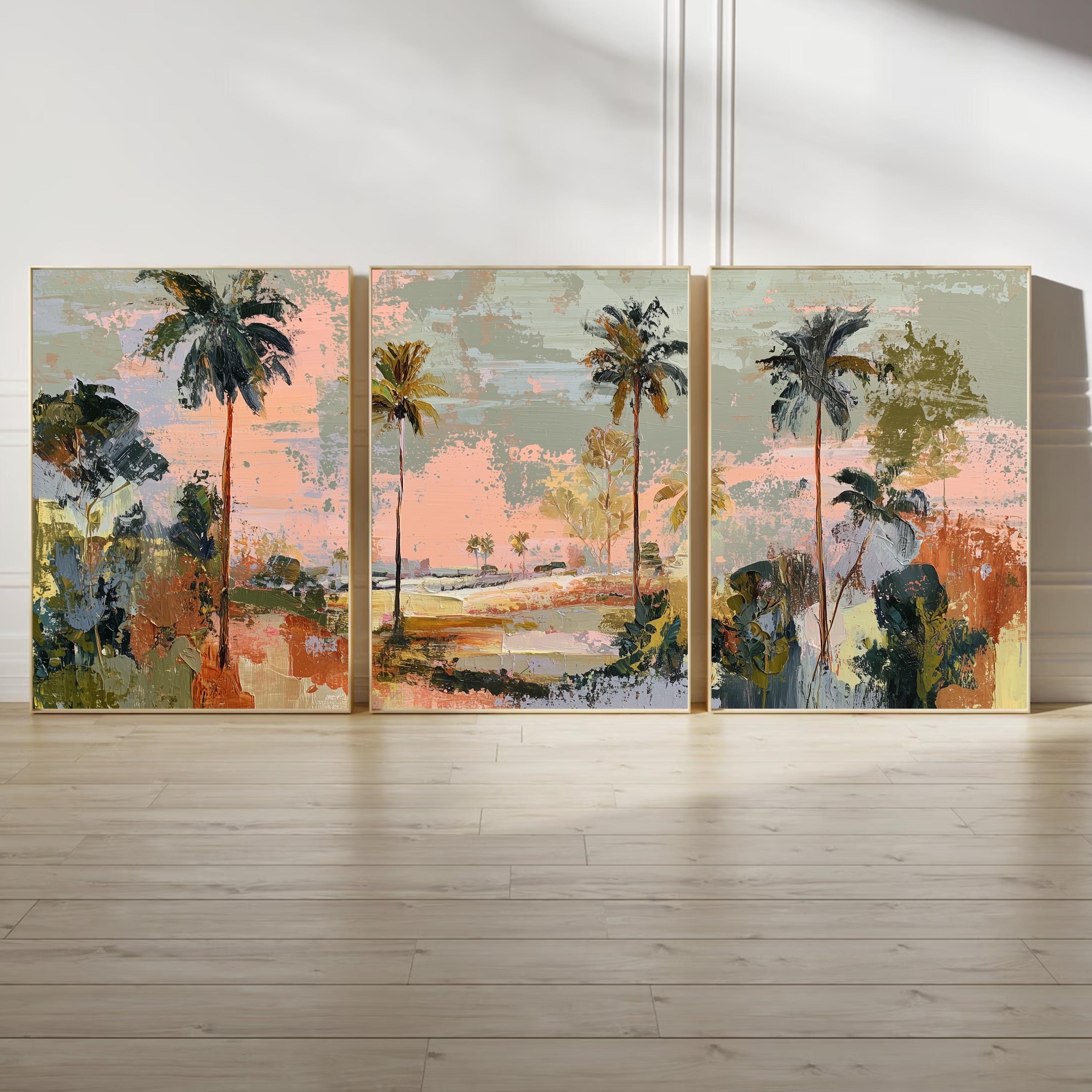 Coastal Abstract Palm Tree Art Set of 3 | Textured Canvas Style Prints | Modern Coastal Luxe Wall Decor | Pastel Sunset Tropical Triptych