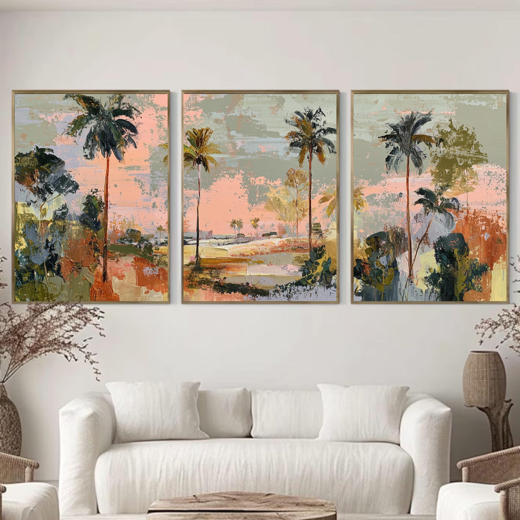 Coastal Abstract Palm Tree Art Set of 3 | Textured Canvas Style Prints | Modern Coastal Luxe Wall Decor | Pastel Sunset Tropical Triptych