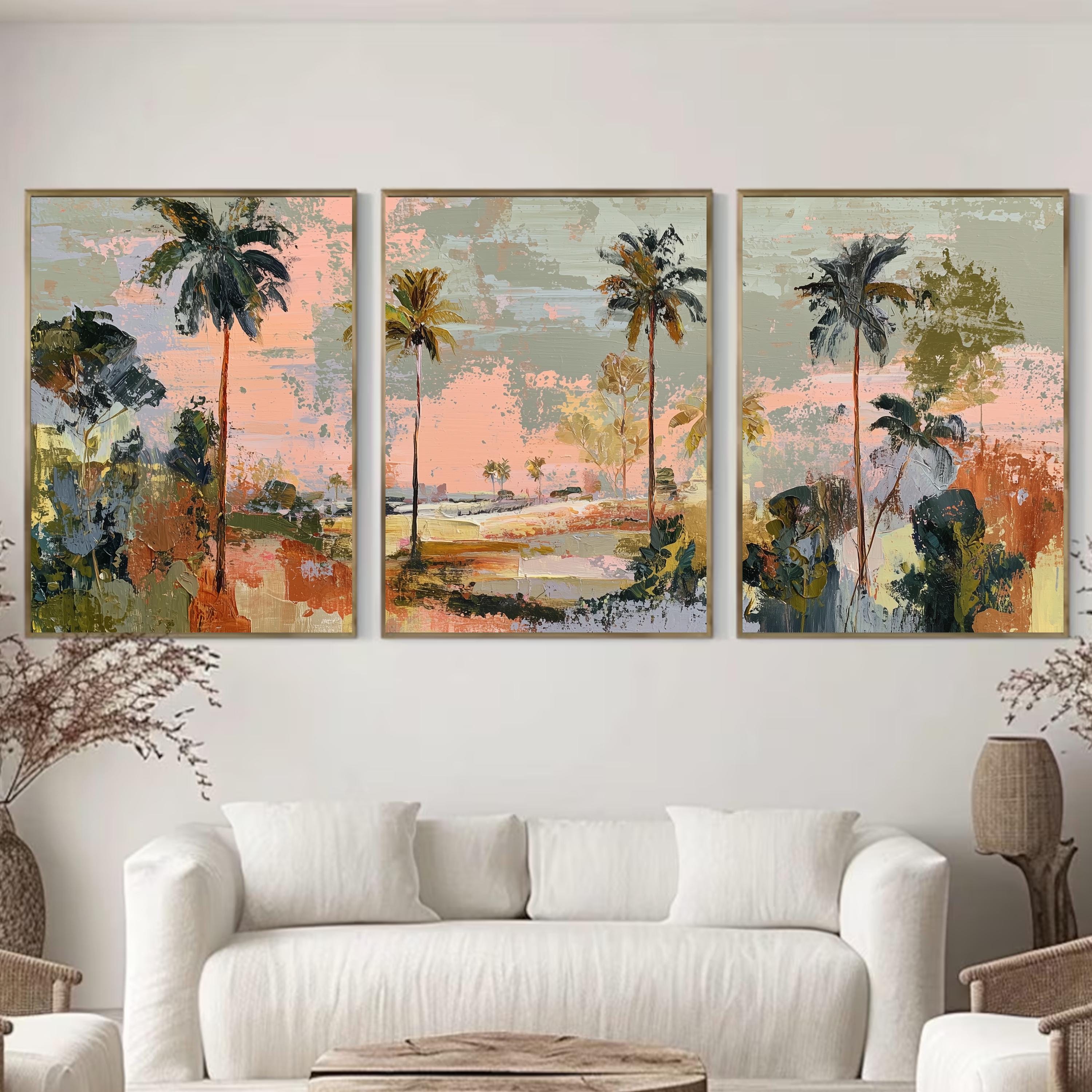 Coastal Abstract Palm Tree Art Set of 3 | Textured Canvas Style Prints | Modern Coastal Luxe Wall Decor | Pastel Sunset Tropical Triptych