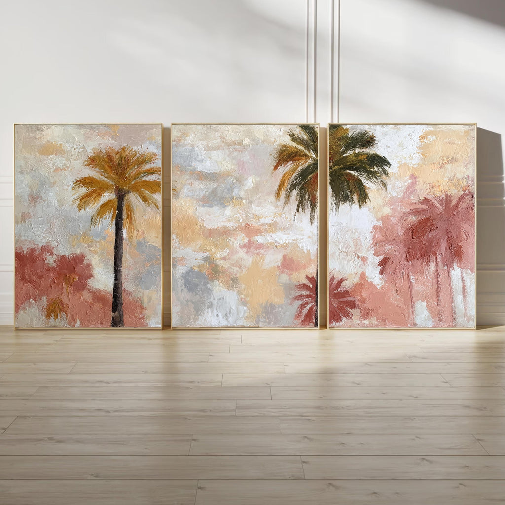 Soft Pastel Palm Tree Art Set of 3 | Impressionist Tropical Prints | Blush Neutral Wall Decor | Dreamy Boho Coastal Triptych Artwork