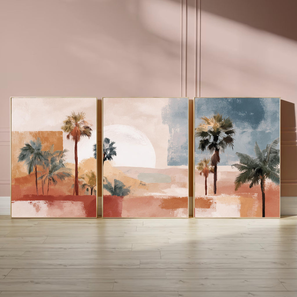 Desert Palm Tree Art Set of 3 | Mediterranean Sunset Prints | Warm Terracotta Wall Decor | Modern Boho Tropical Landscape Triptych