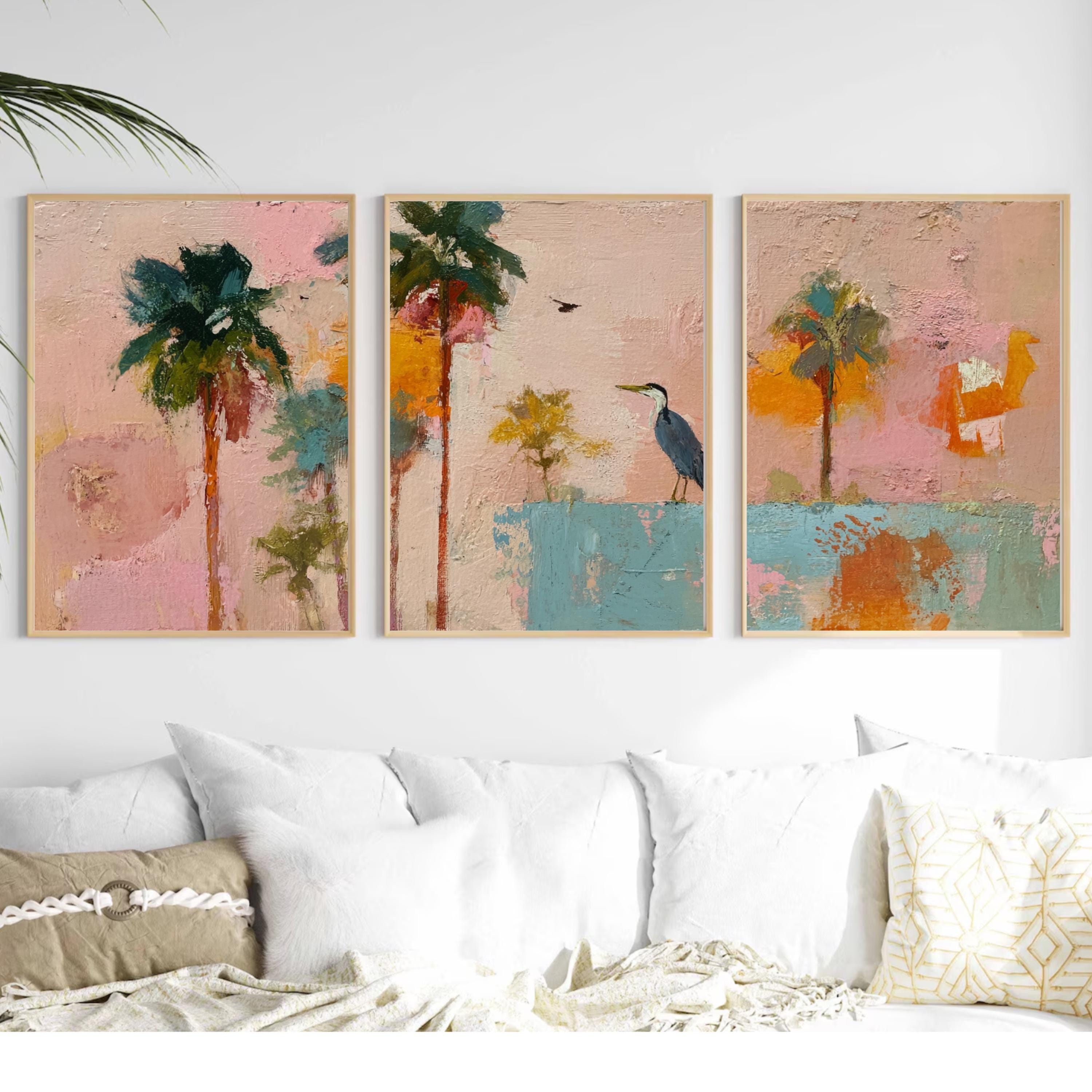 Colorful Coastal Palm Tree Art Set of 3 with Bird | Abstract Tropical Wall Prints | Playful Boho Beach Art | Pink Teal Sunset Triptych