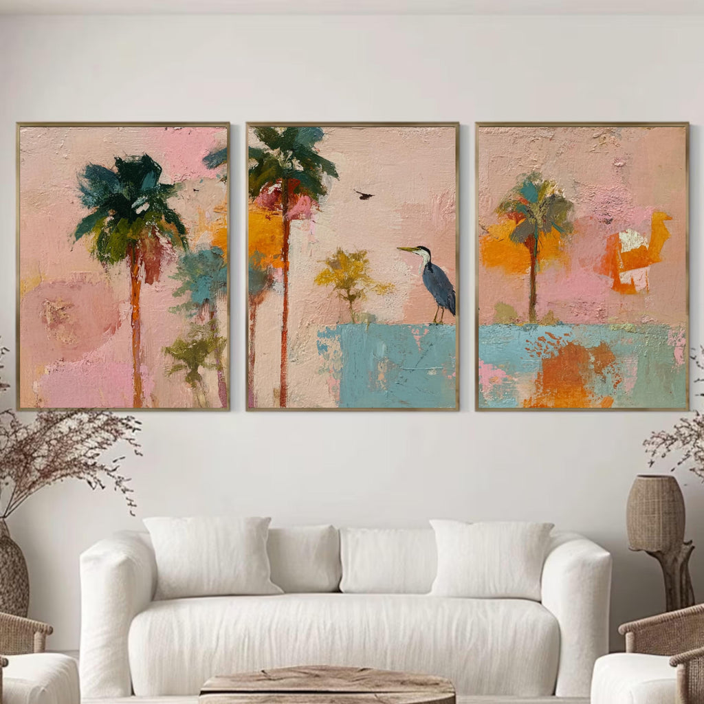 Colorful Coastal Palm Tree Art Set of 3 with Bird | Abstract Tropical Wall Prints | Playful Boho Beach Art | Pink Teal Sunset Triptych